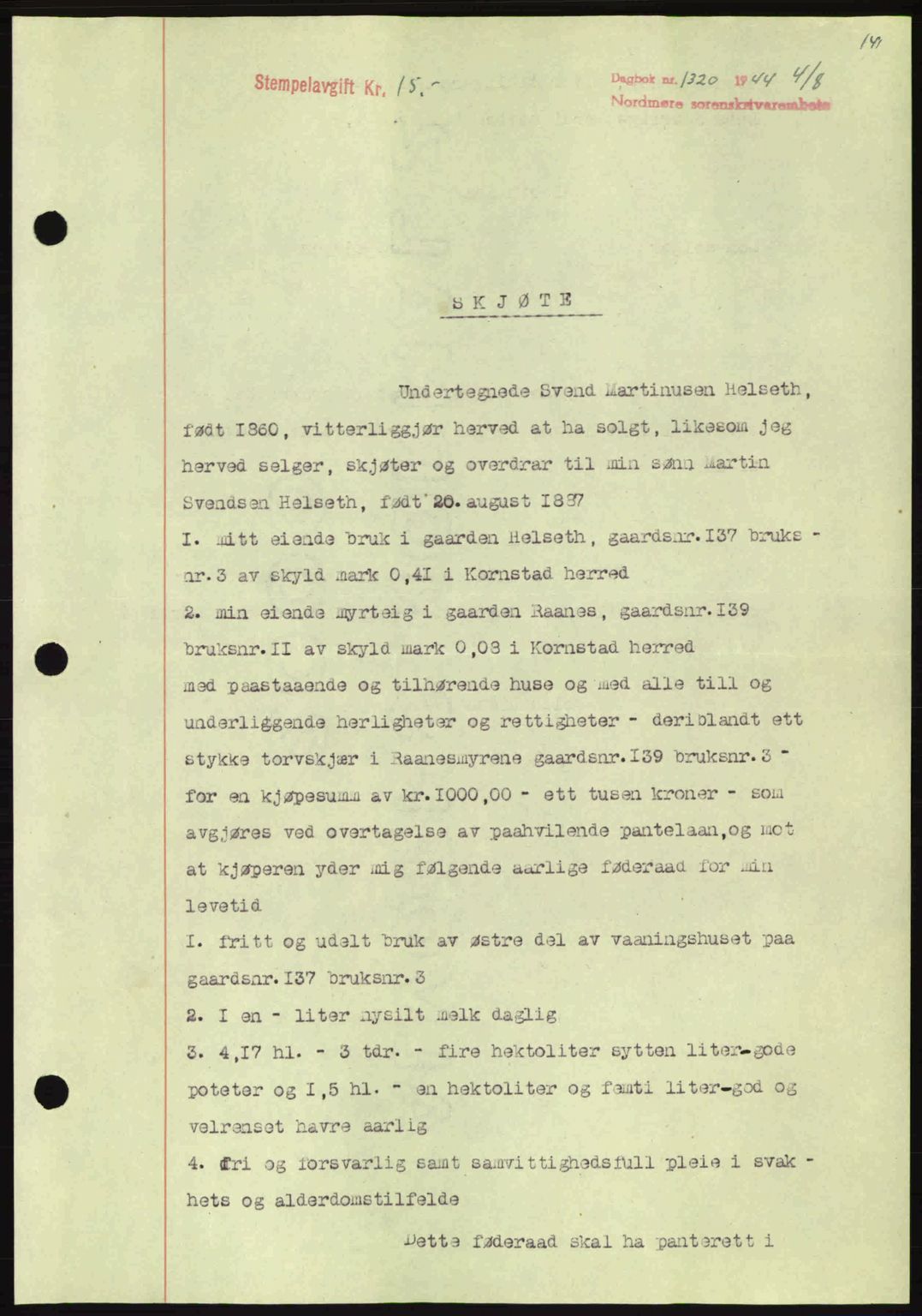 Nordmøre sorenskriveri, AV/SAT-A-4132/1/2/2Ca: Mortgage book no. A98, 1944-1944, Diary no: : 1320/1944