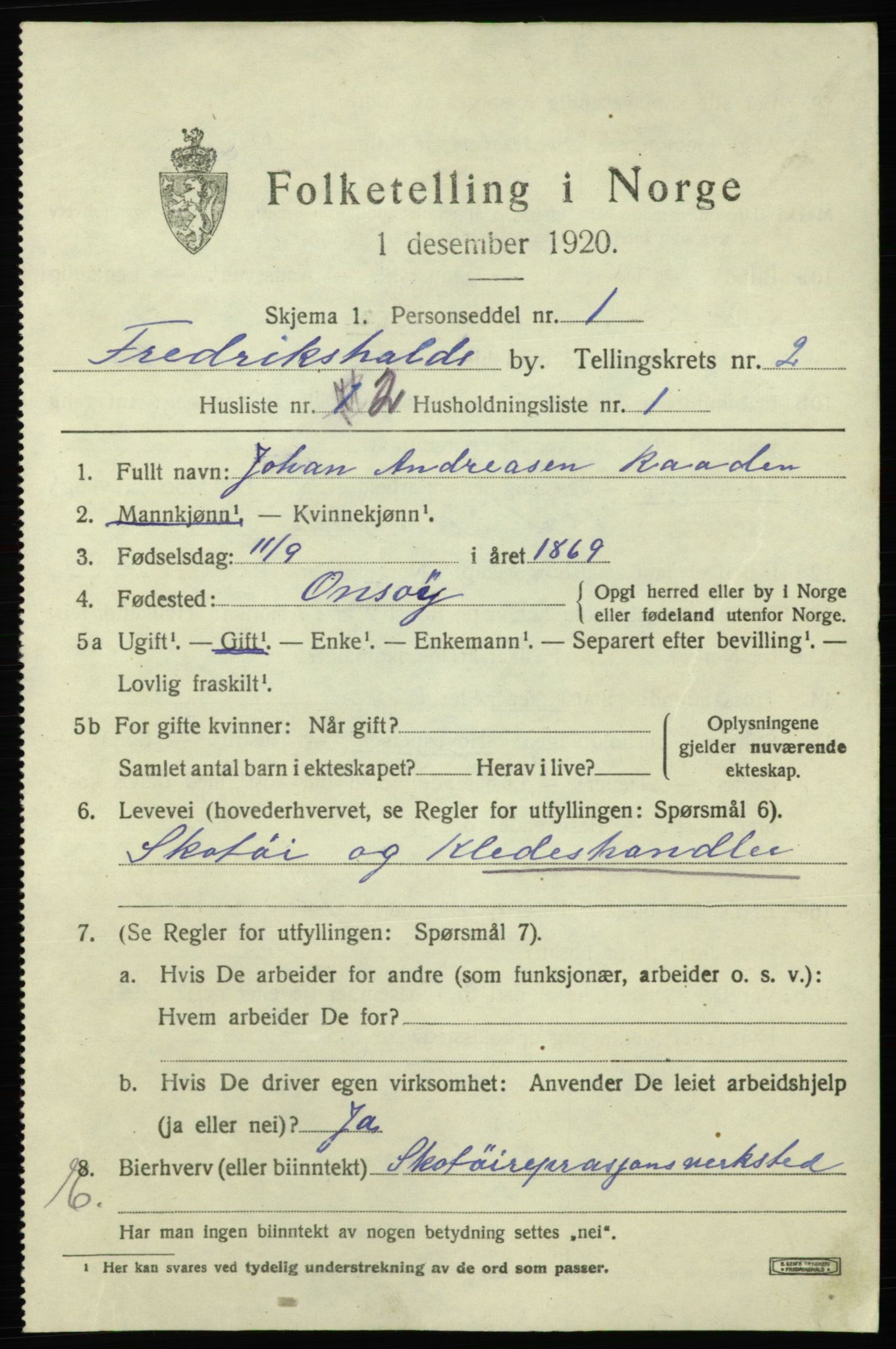 SAO, 1920 census for Fredrikshald, 1920, p. 9258