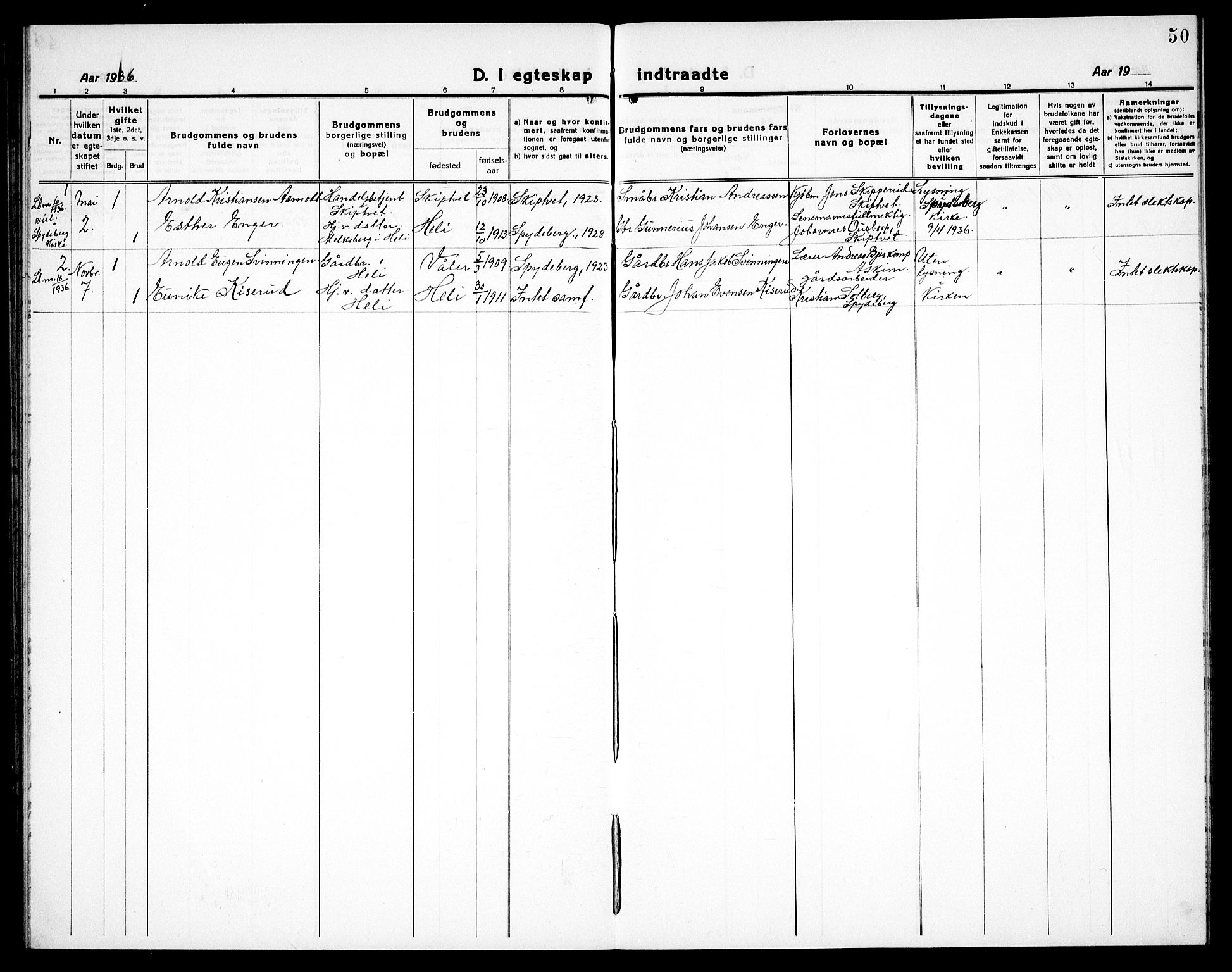 Spydeberg prestekontor Kirkebøker, SAO/A-10924/G/Gc/L0002: Parish register (copy) no. III 2, 1918-1939, p. 50