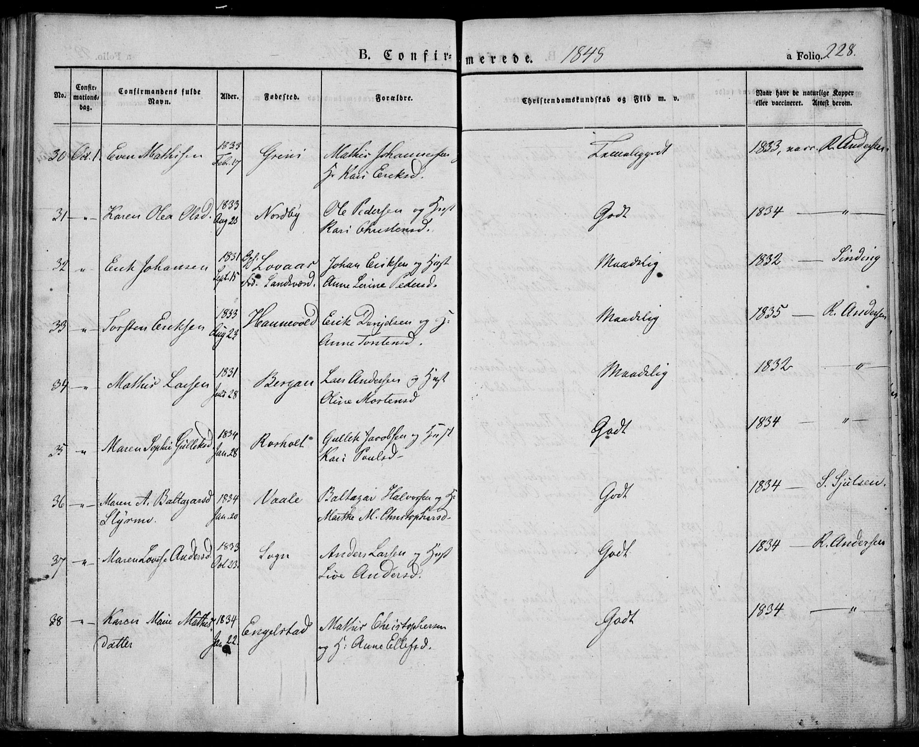 Lardal kirkebøker, SAKO/A-350/F/Fa/L0006: Parish register (official) no. I 6, 1835-1860, p. 228