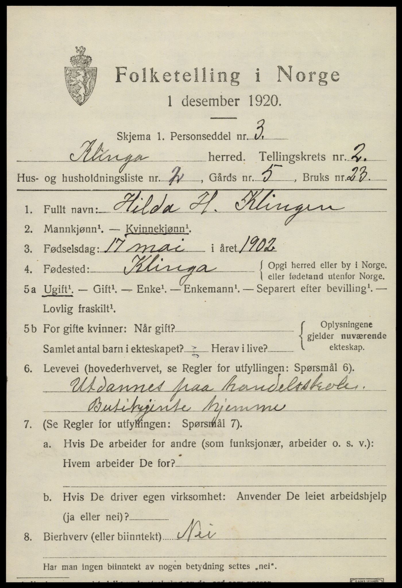 SAT, 1920 census for Klinga, 1920, p. 1409