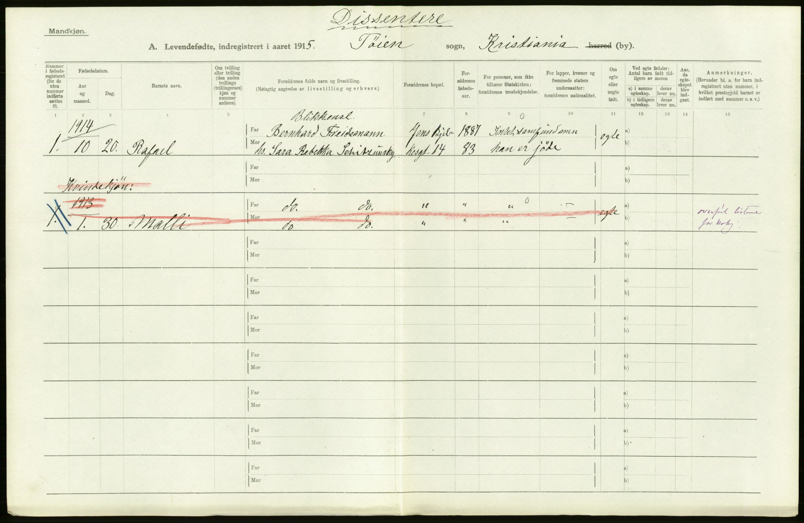 Statistisk sentralbyrå, Sosiodemografiske emner, Befolkning, RA/S-2228/D/Df/Dfb/Dfbe/L0006: Kristiania: Levendefødte menn og kvinner., 1915, p. 196