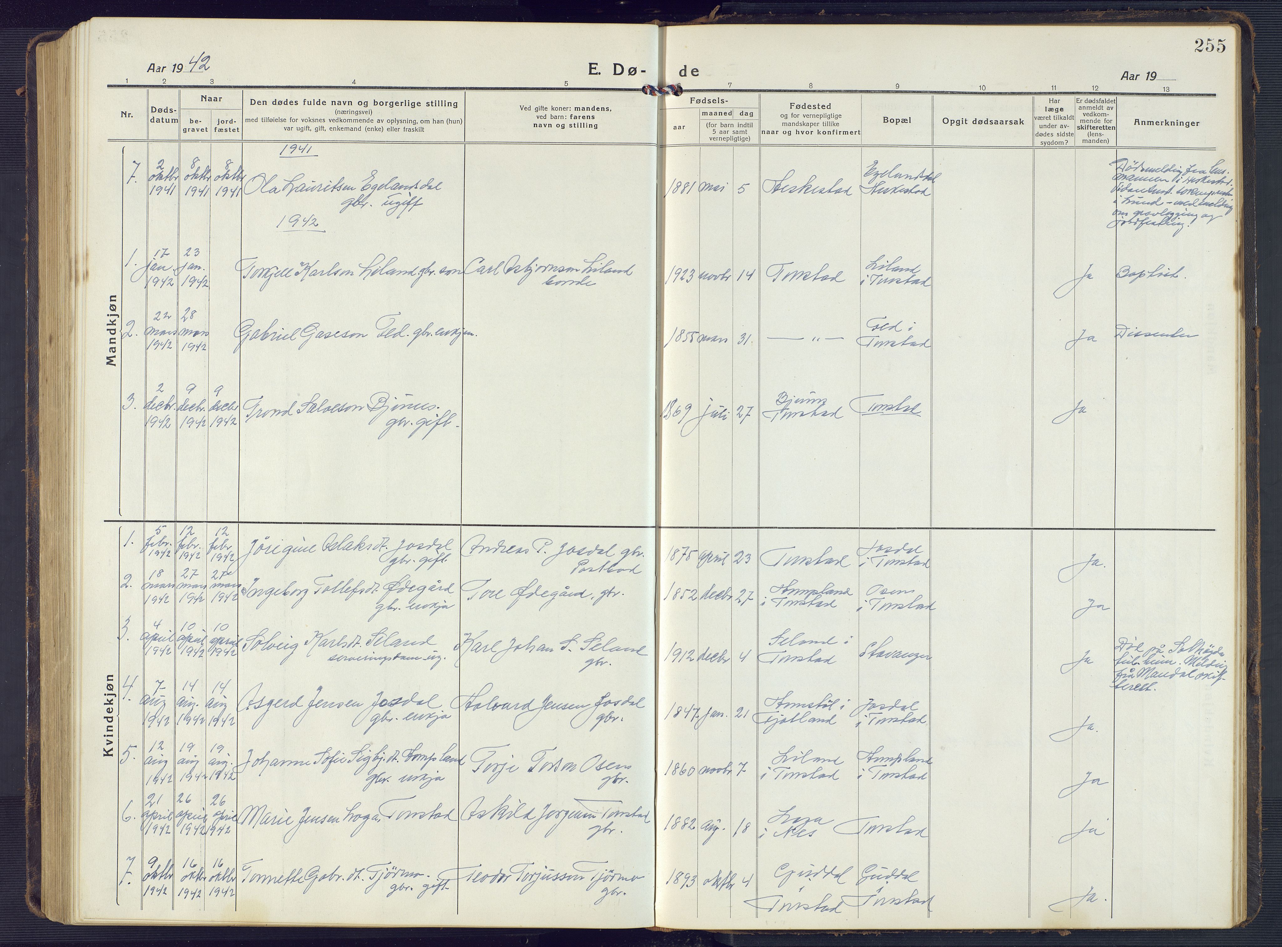 Sirdal sokneprestkontor, SAK/1111-0036/F/Fb/Fbb/L0005: Parish register (copy) no. B 5, 1916-1960, p. 255