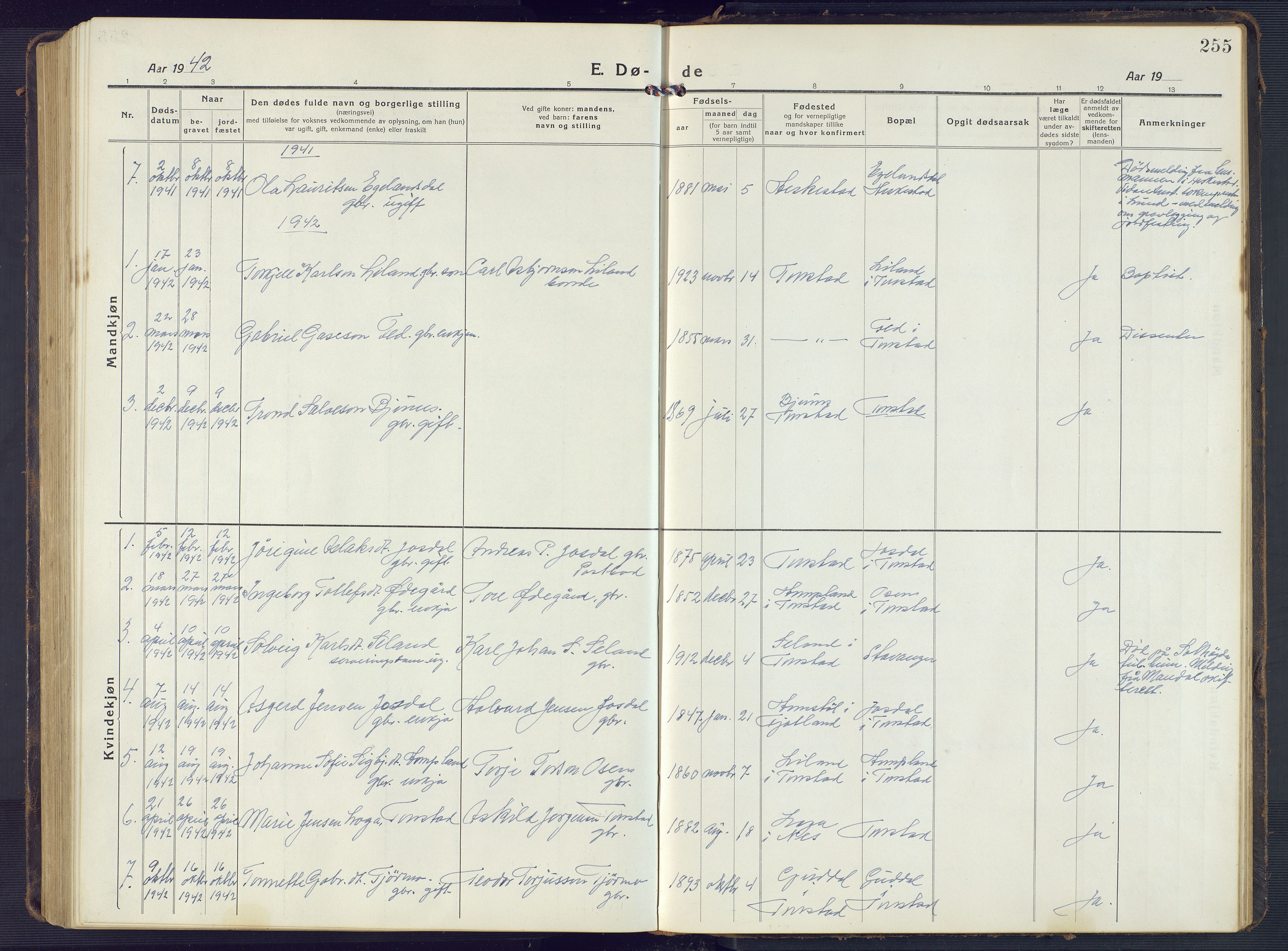 Sirdal sokneprestkontor, AV/SAK-1111-0036/F/Fb/Fbb/L0005: Parish register (copy) no. B 5, 1916-1960, p. 255