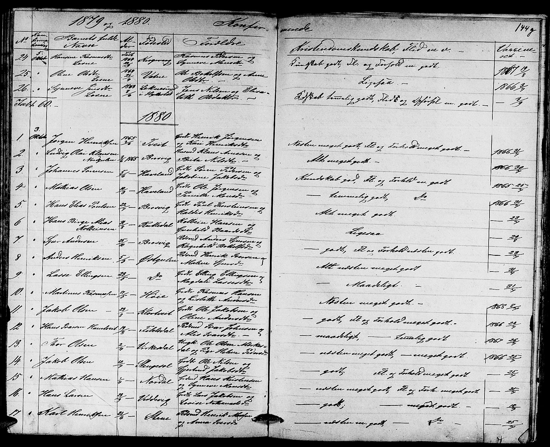 Gulen sokneprestembete, AV/SAB-A-80201/H/Hab/Habb/L0002: Parish register (copy) no. B 2, 1867-1883, p. 144