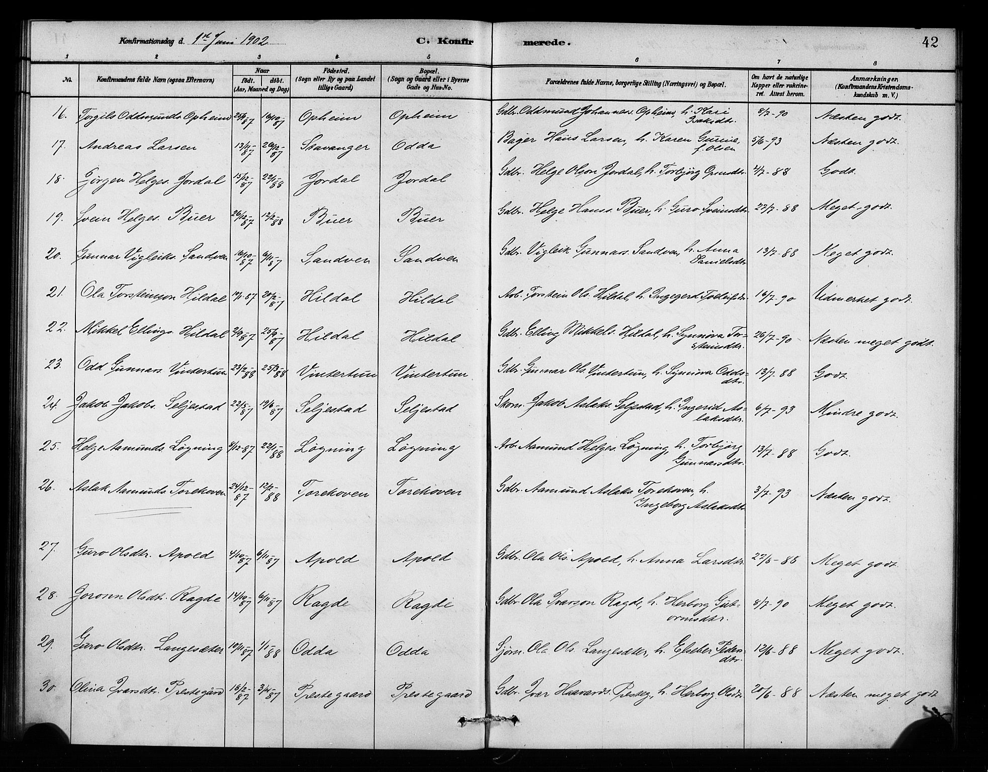 Odda Sokneprestembete, SAB/A-77201/H/Haa: Parish register (official) no. A 2, 1880-1915, p. 42