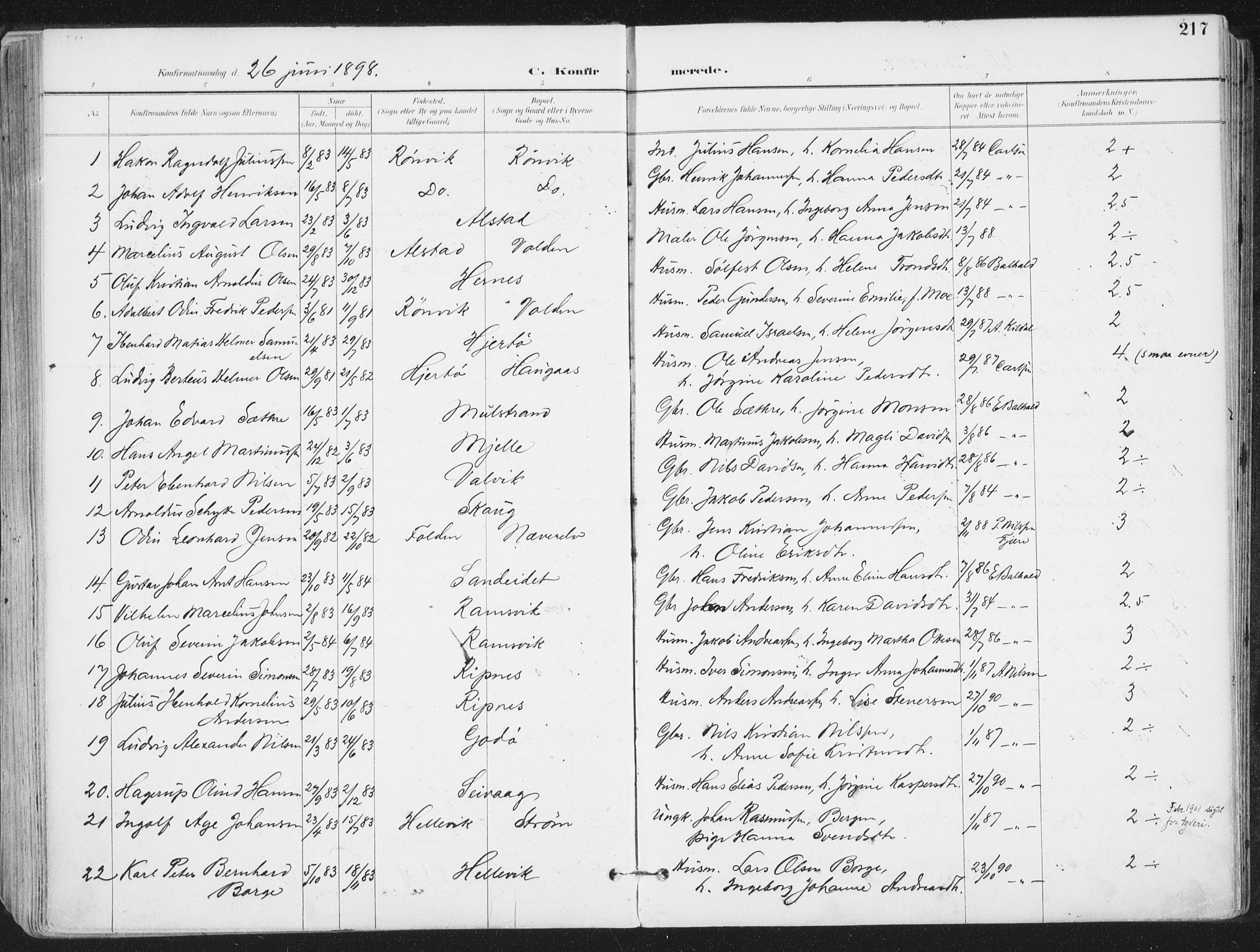 Ministerialprotokoller, klokkerbøker og fødselsregistre - Nordland, SAT/A-1459/802/L0055: Parish register (official) no. 802A02, 1894-1915, p. 217