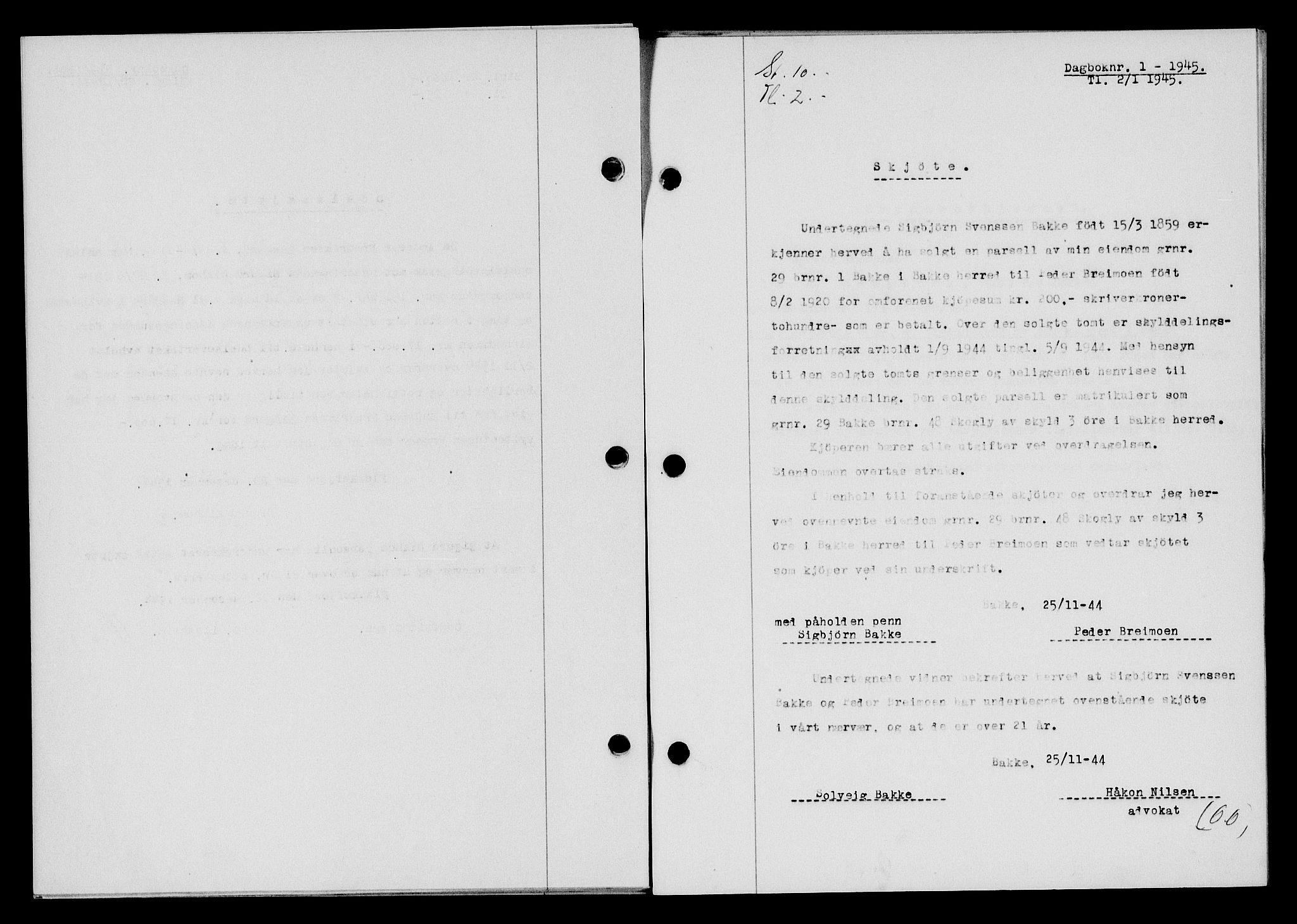 Flekkefjord sorenskriveri, SAK/1221-0001/G/Gb/Gba/L0059: Mortgage book no. A-7, 1944-1945, Diary no: : 1/1945