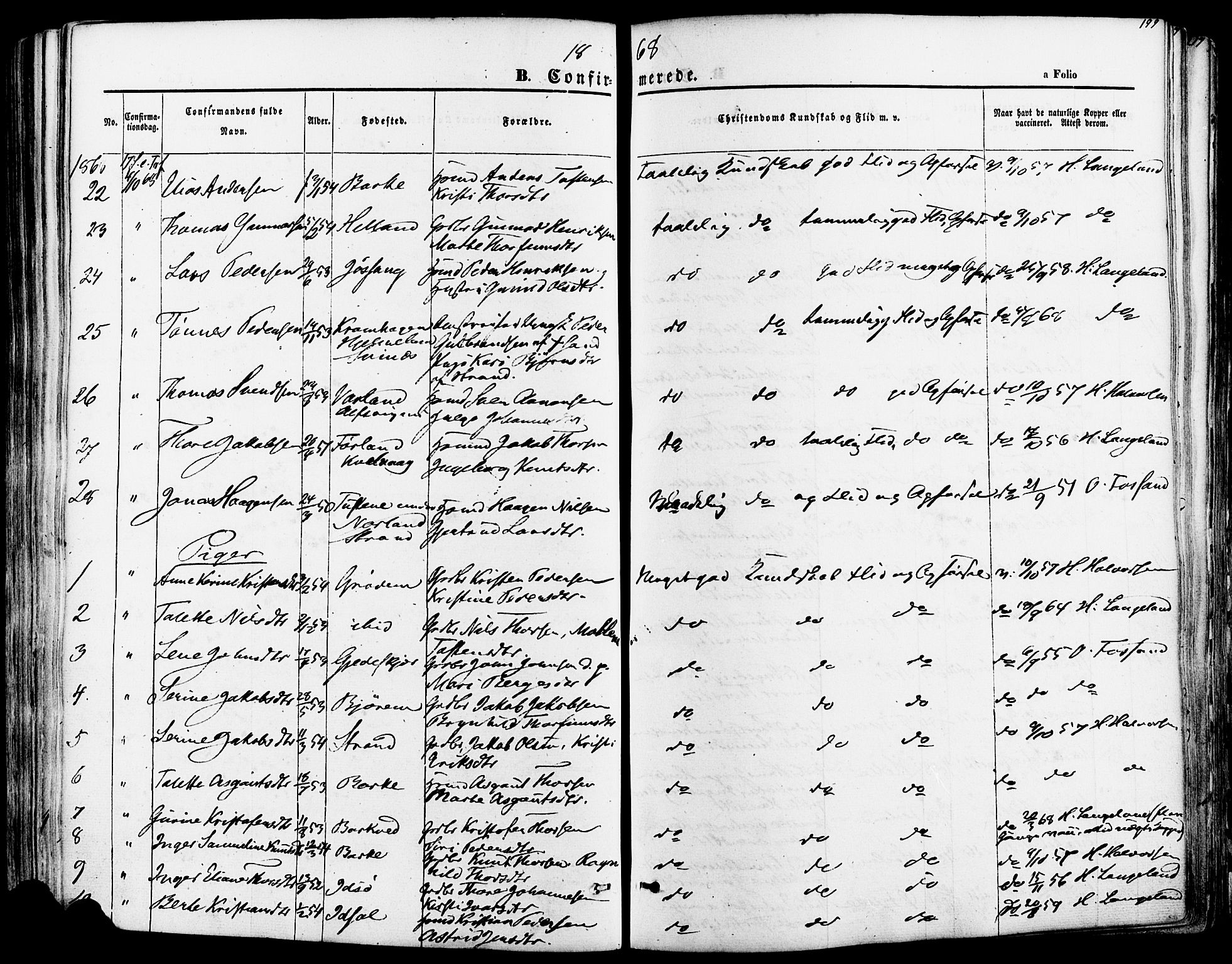 Strand sokneprestkontor, AV/SAST-A-101828/H/Ha/Haa/L0007: Parish register (official) no. A 7, 1855-1881, p. 199