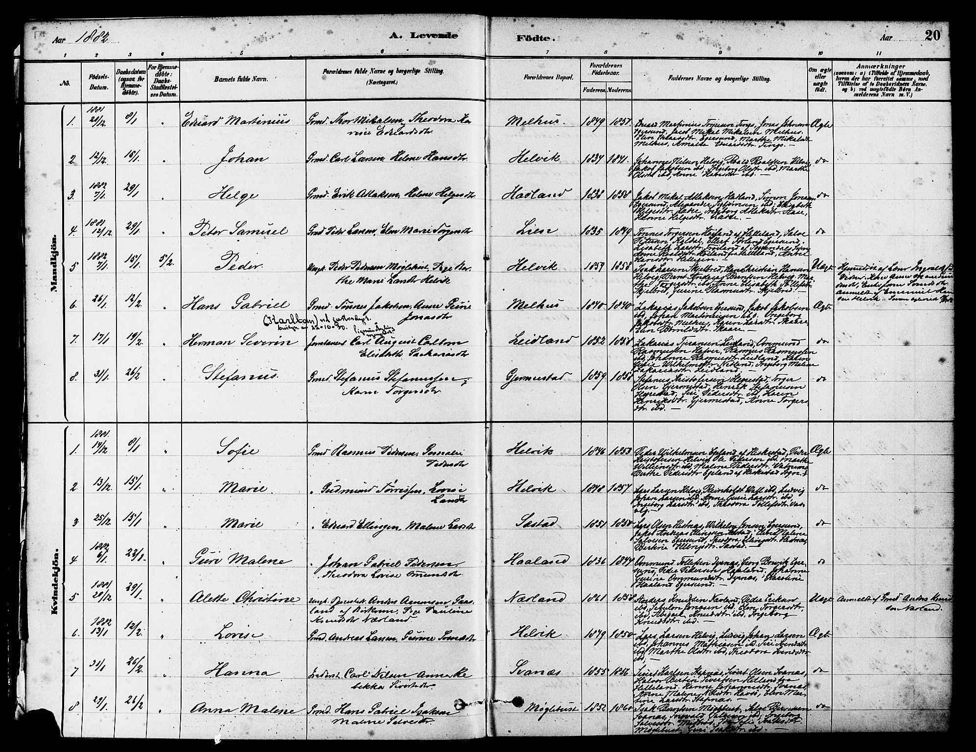 Eigersund sokneprestkontor, AV/SAST-A-101807/S08/L0017: Parish register (official) no. A 14, 1879-1892, p. 20