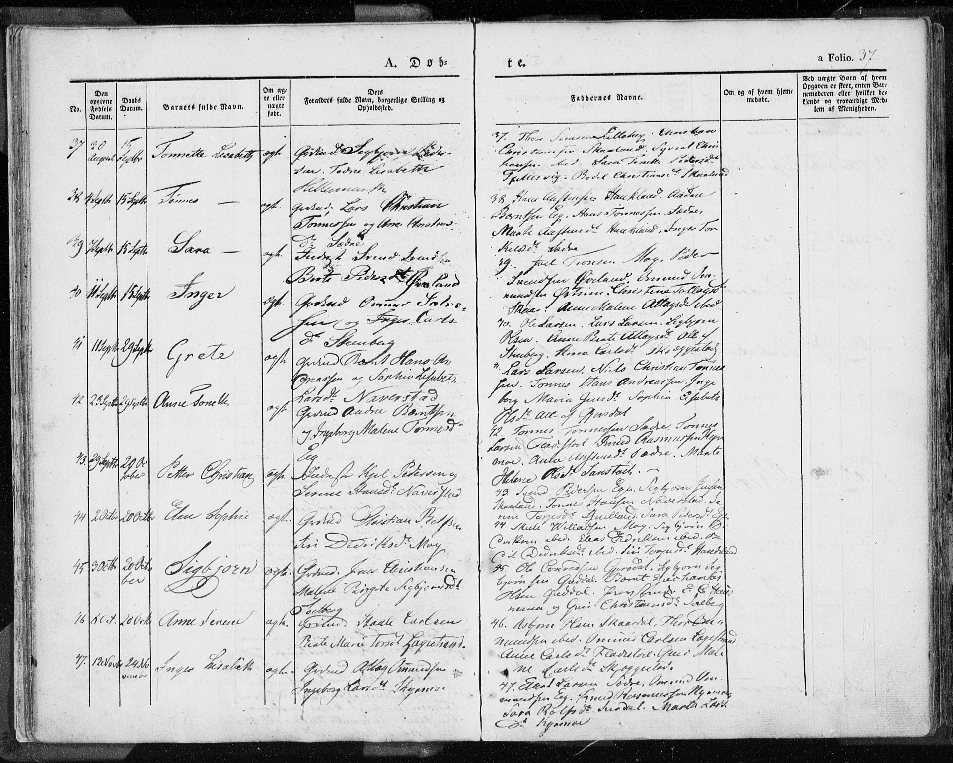Lund sokneprestkontor, SAST/A-101809/S06/L0007: Parish register (official) no. A 7.1, 1833-1854, p. 37