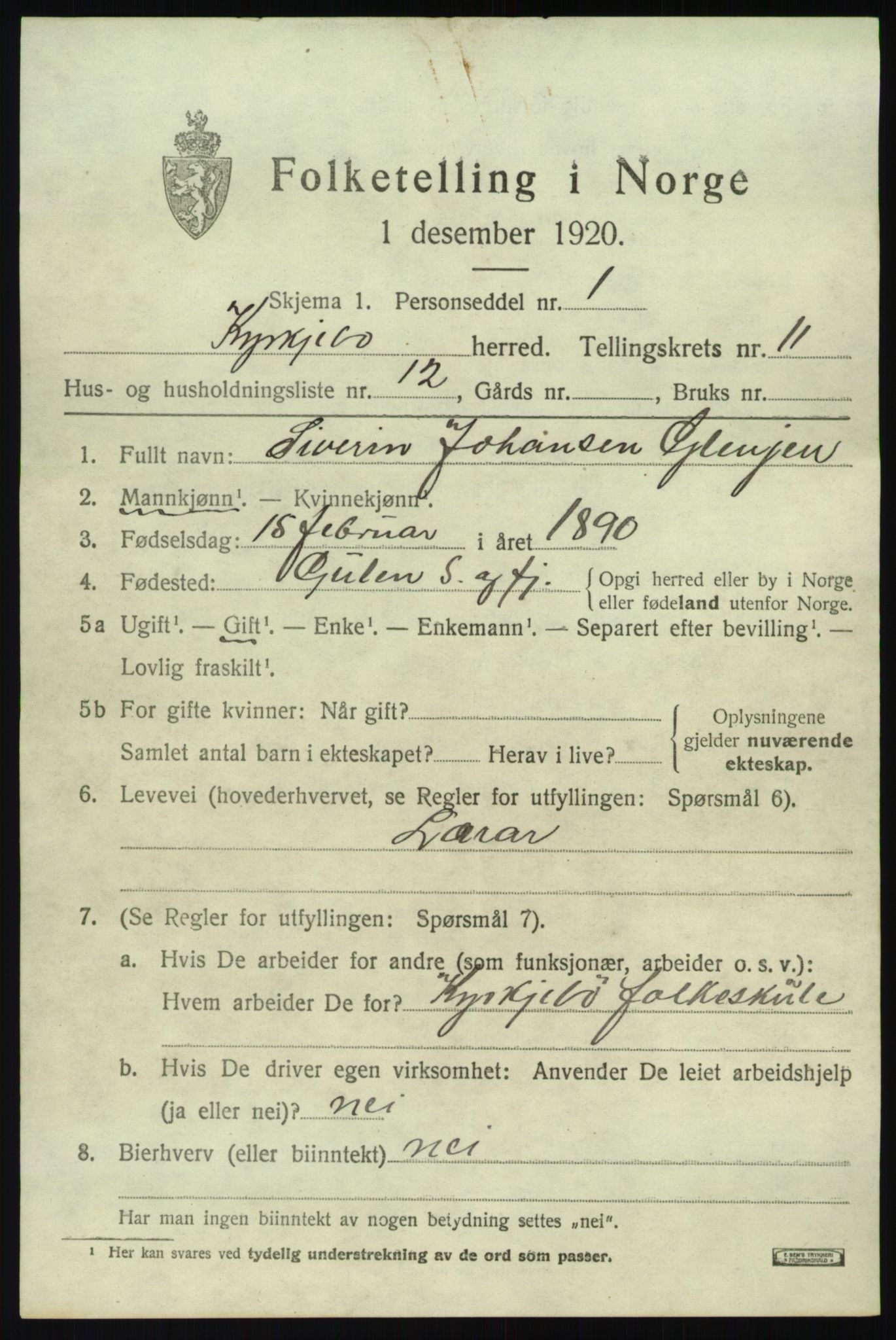 SAB, 1920 census for Kyrkjebø, 1920, p. 5855