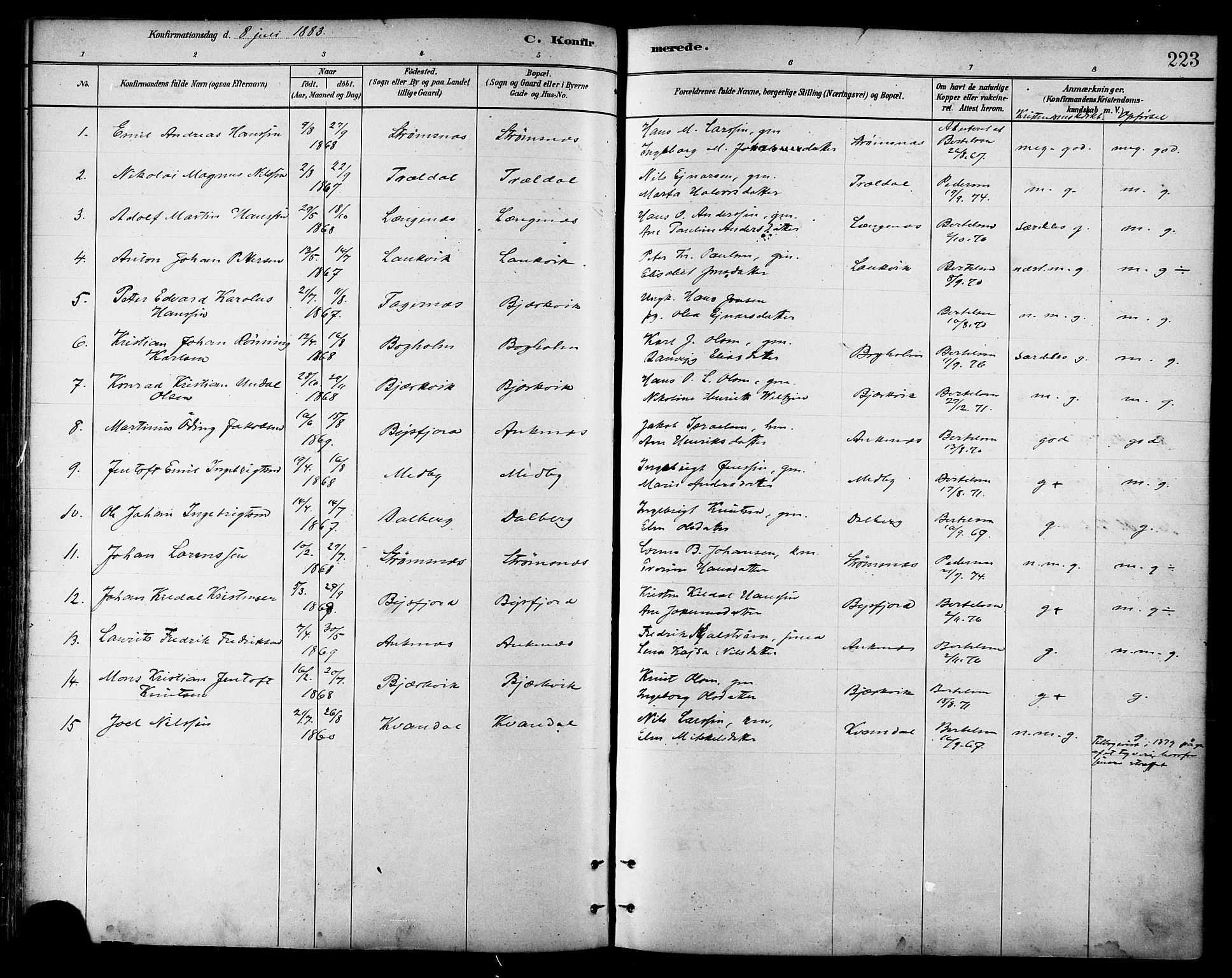 Ministerialprotokoller, klokkerbøker og fødselsregistre - Nordland, AV/SAT-A-1459/866/L0938: Parish register (official) no. 866A01, 1879-1893, p. 223