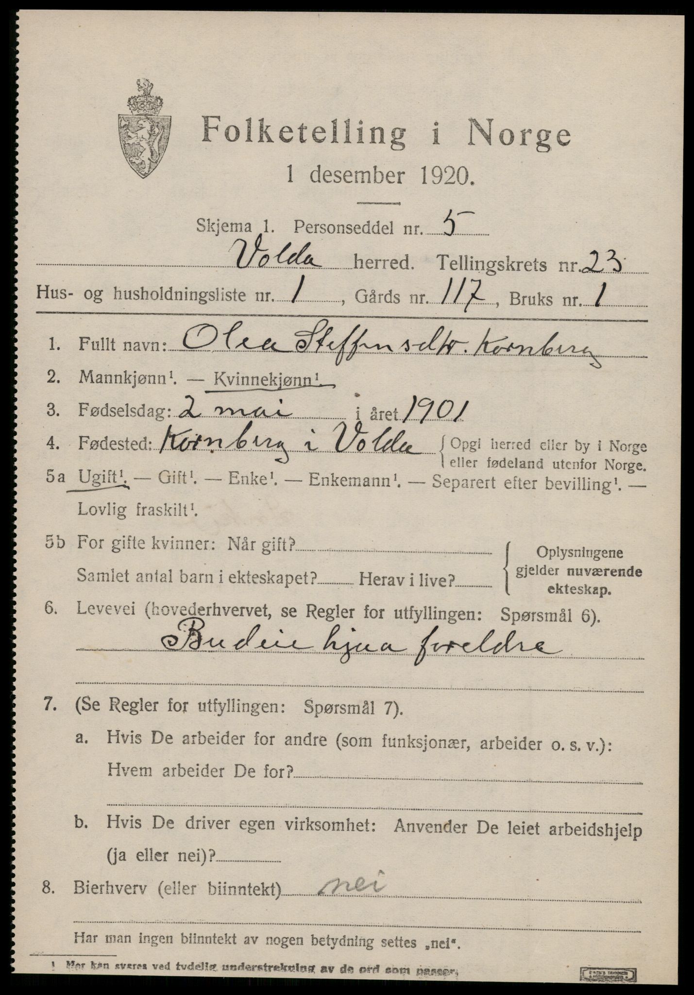 SAT, 1920 census for Volda, 1920, p. 11676