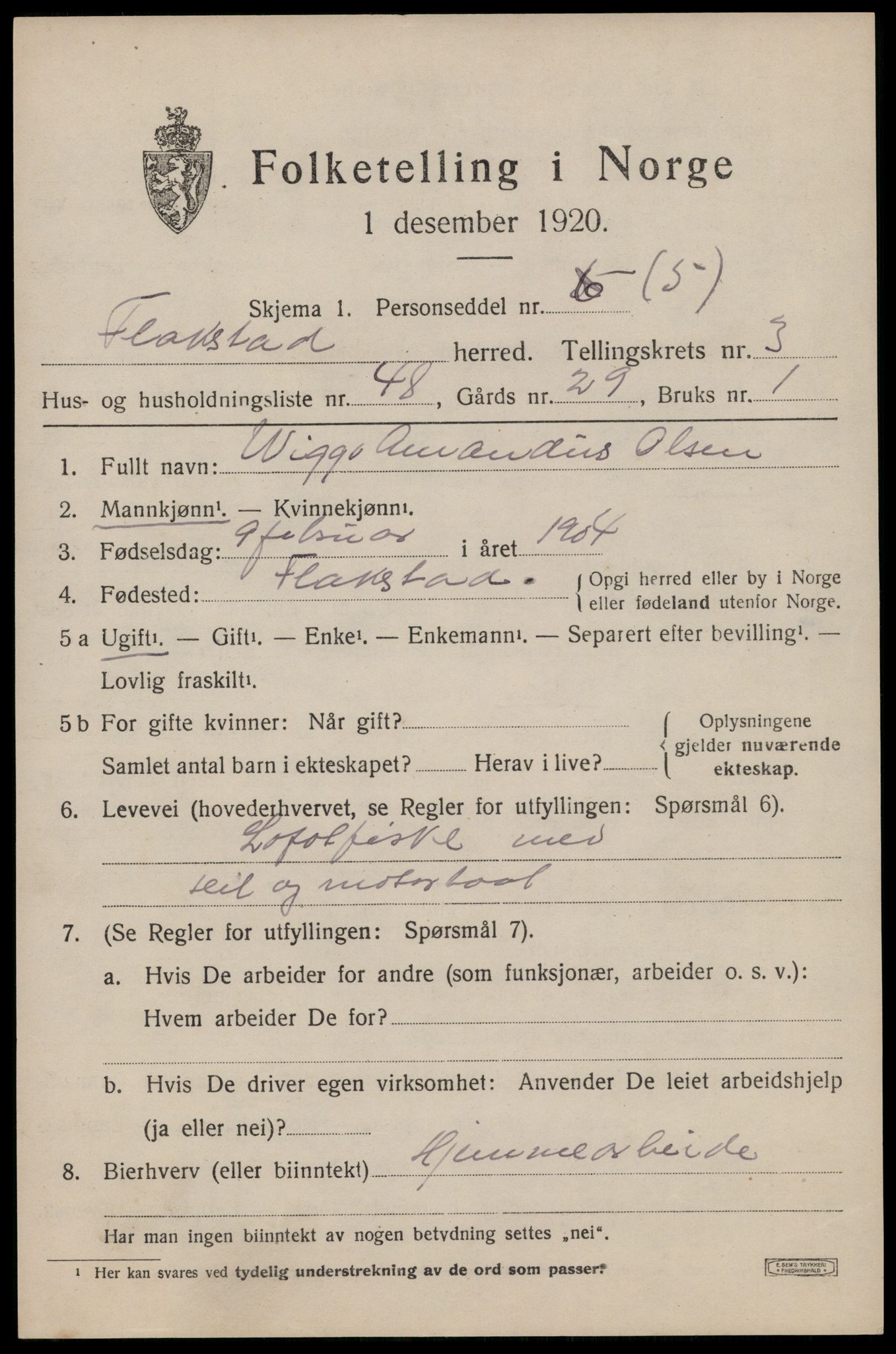 SAT, 1920 census for Flakstad, 1920, p. 2791