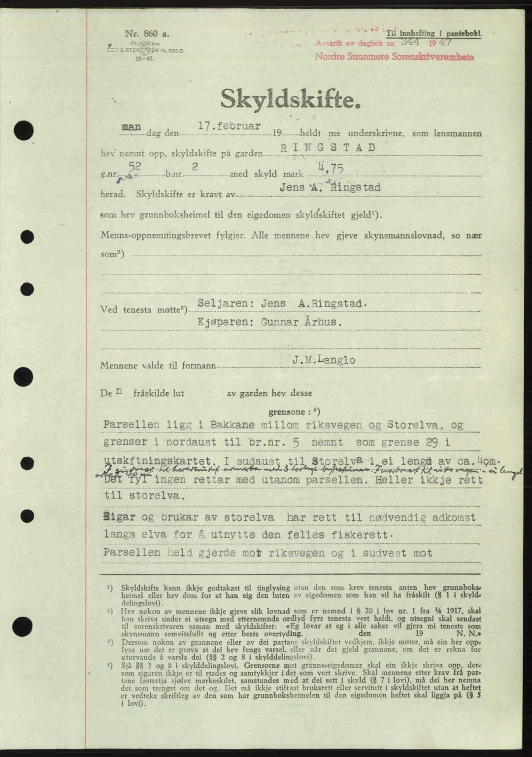 Nordre Sunnmøre sorenskriveri, AV/SAT-A-0006/1/2/2C/2Ca: Mortgage book no. A24, 1947-1947, Diary no: : 344/1947