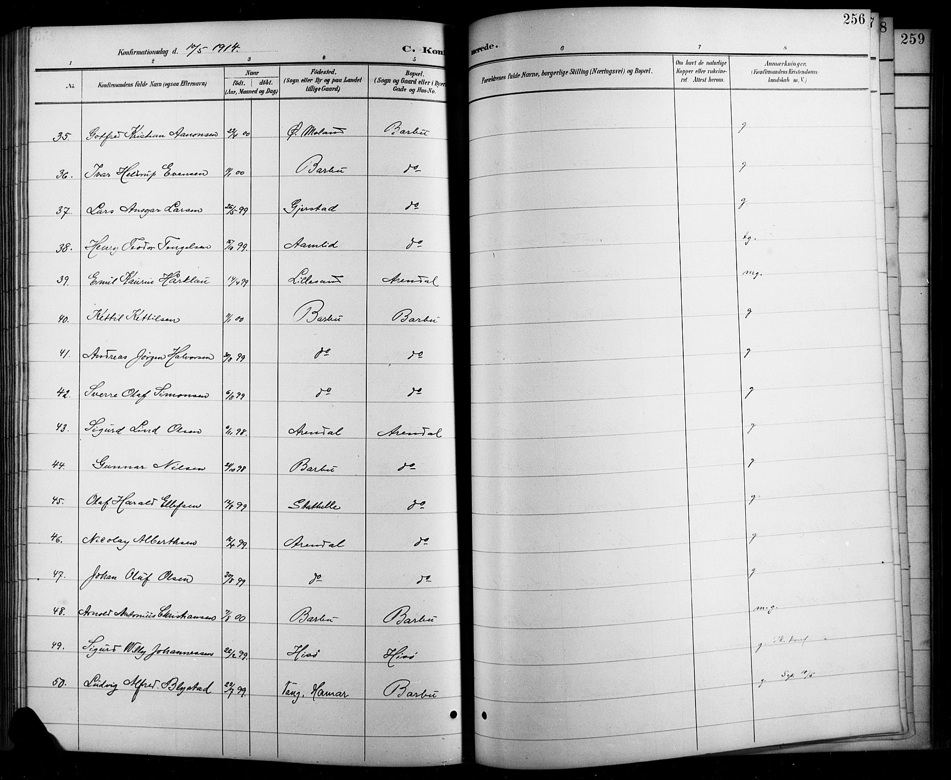 Arendal sokneprestkontor, Trefoldighet, AV/SAK-1111-0040/F/Fb/L0006: Parish register (copy) no. B 6, 1889-1916, p. 256