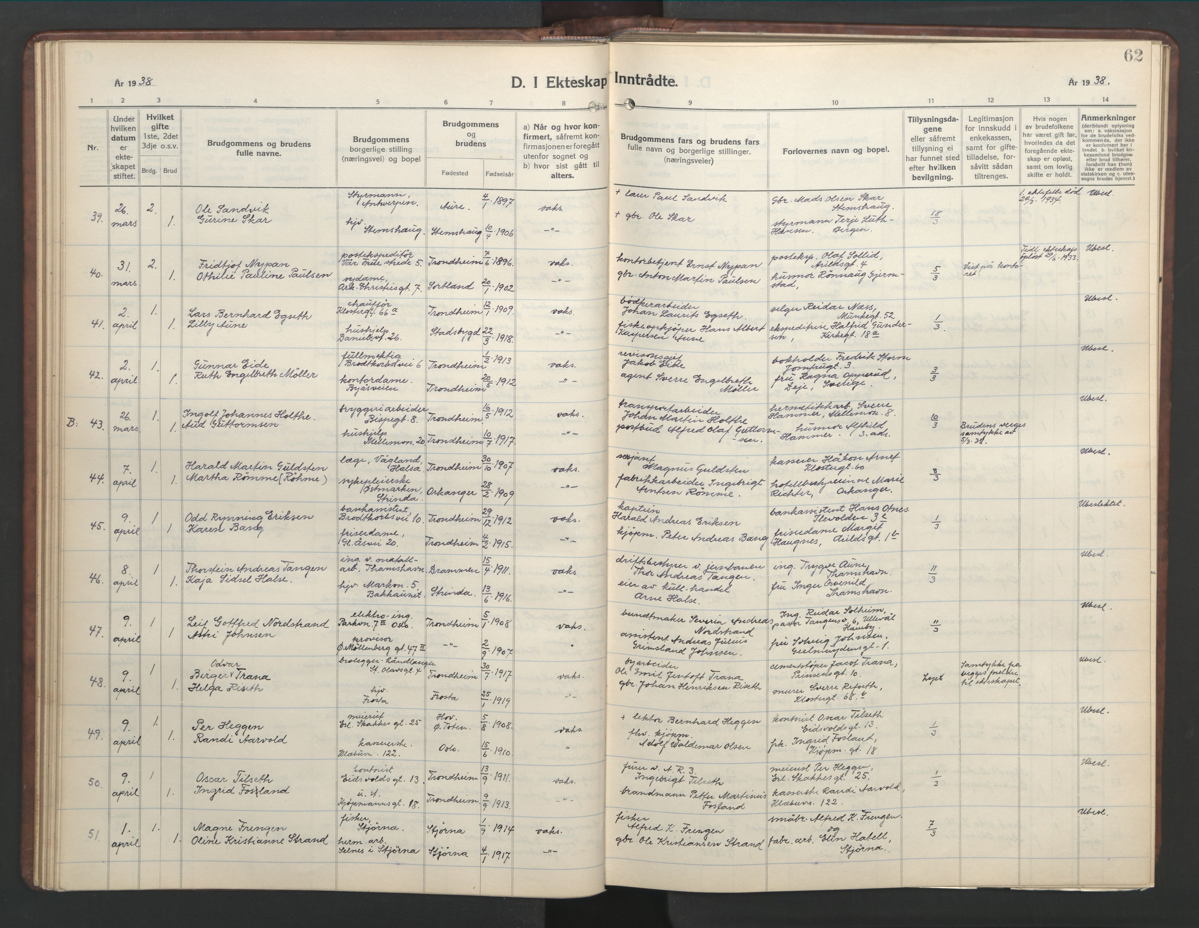 Ministerialprotokoller, klokkerbøker og fødselsregistre - Sør-Trøndelag, SAT/A-1456/601/L0101: Parish register (copy) no. 601C19, 1935-1946, p. 62