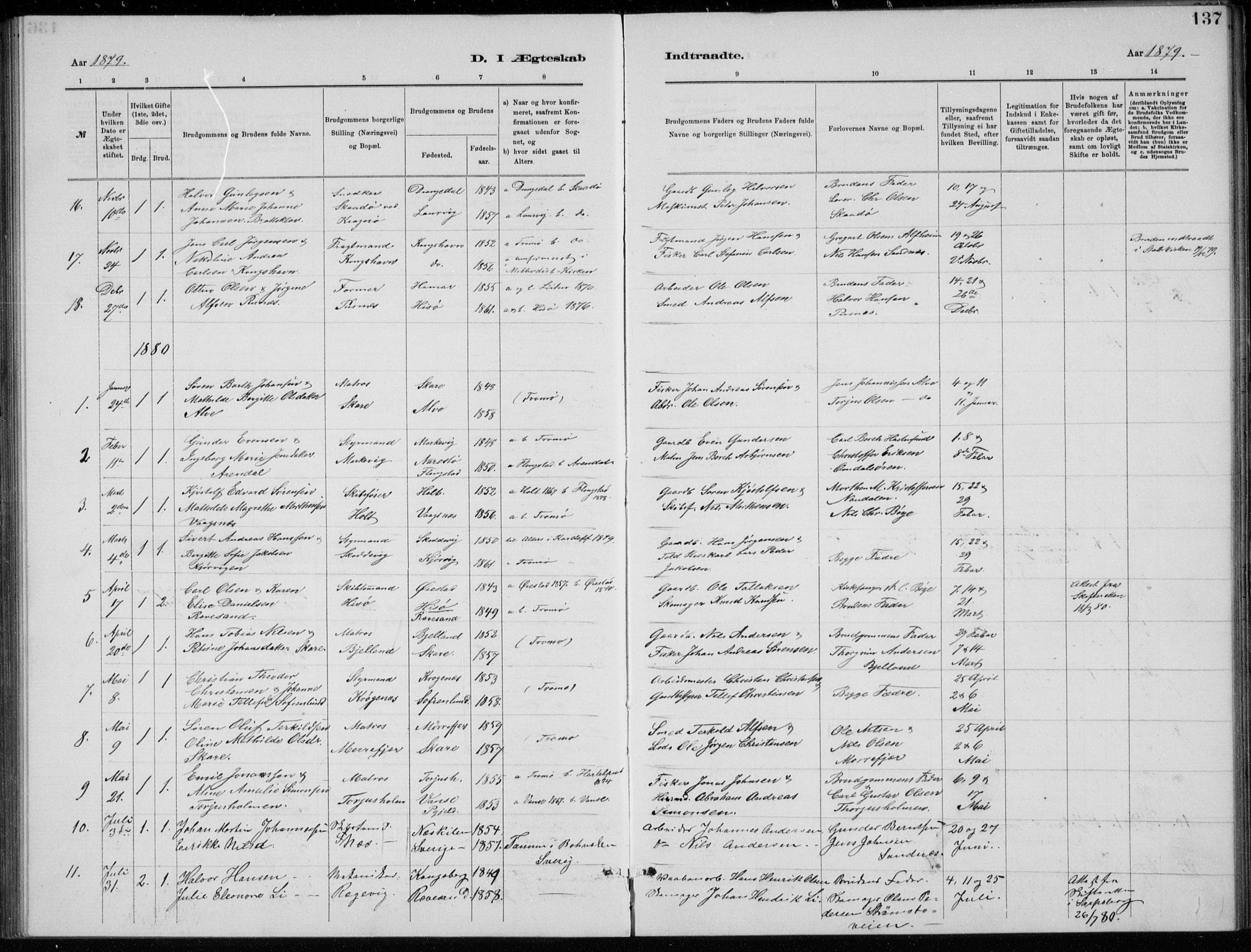 Tromøy sokneprestkontor, SAK/1111-0041/F/Fb/L0005: Parish register (copy) no. B 5, 1877-1891, p. 137