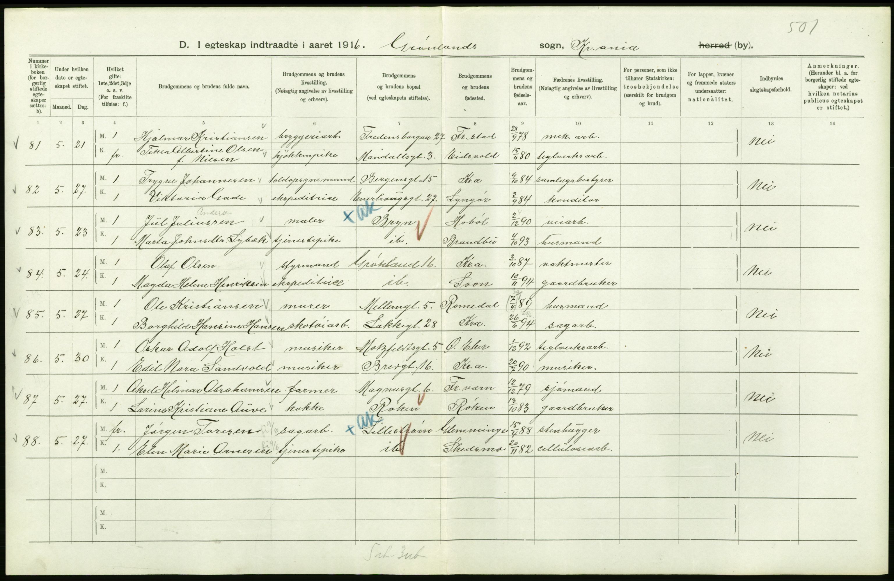 Statistisk sentralbyrå, Sosiodemografiske emner, Befolkning, AV/RA-S-2228/D/Df/Dfb/Dfbf/L0008: Kristiania: Gifte, 1916, p. 560