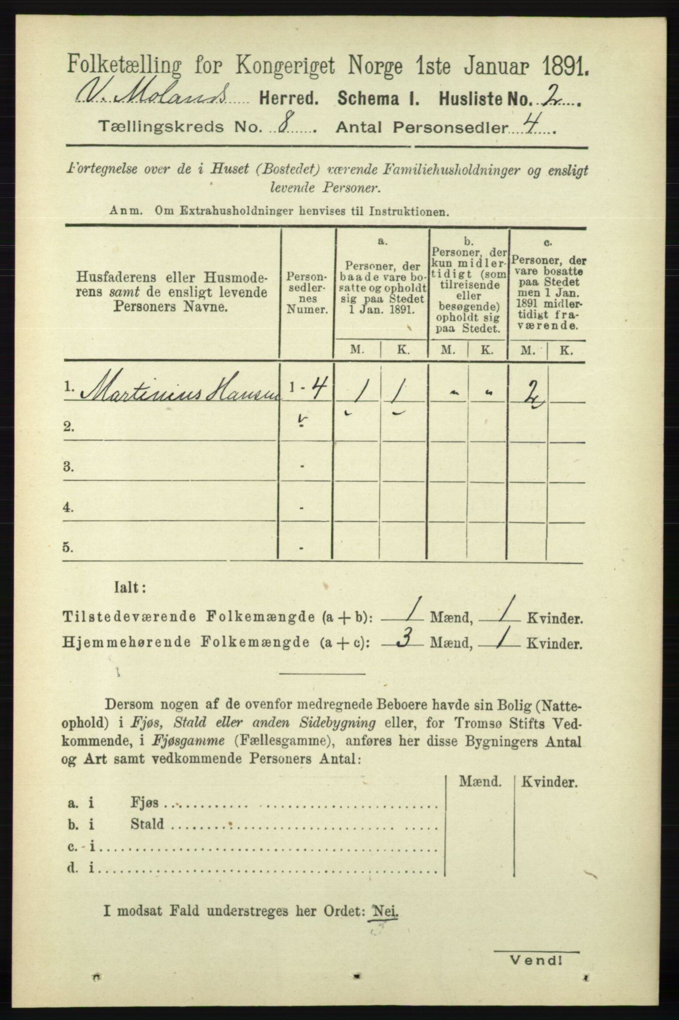 RA, 1891 census for 0926 Vestre Moland, 1891, p. 2971