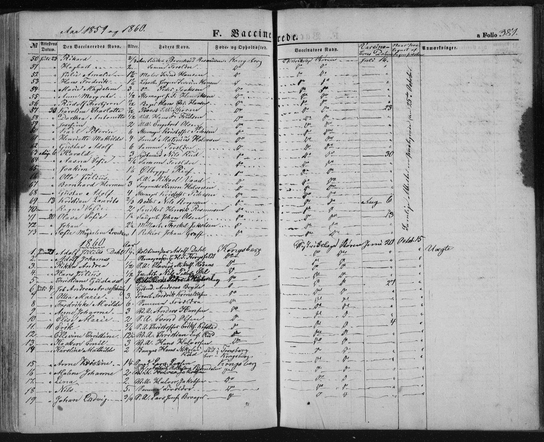 Kongsberg kirkebøker, SAKO/A-22/F/Fa/L0010: Parish register (official) no. I 10, 1859-1875, p. 381