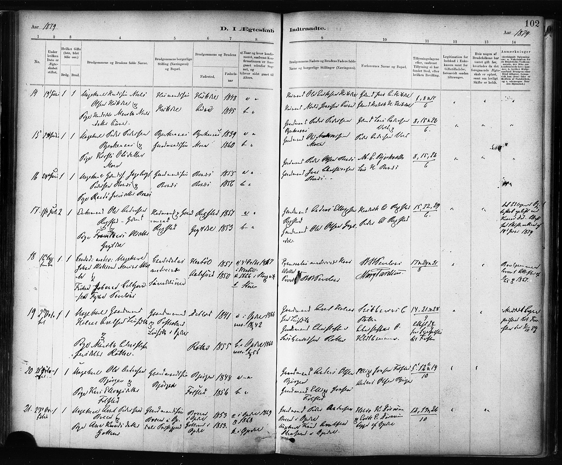 Ministerialprotokoller, klokkerbøker og fødselsregistre - Sør-Trøndelag, SAT/A-1456/687/L1002: Parish register (official) no. 687A08, 1878-1890, p. 102