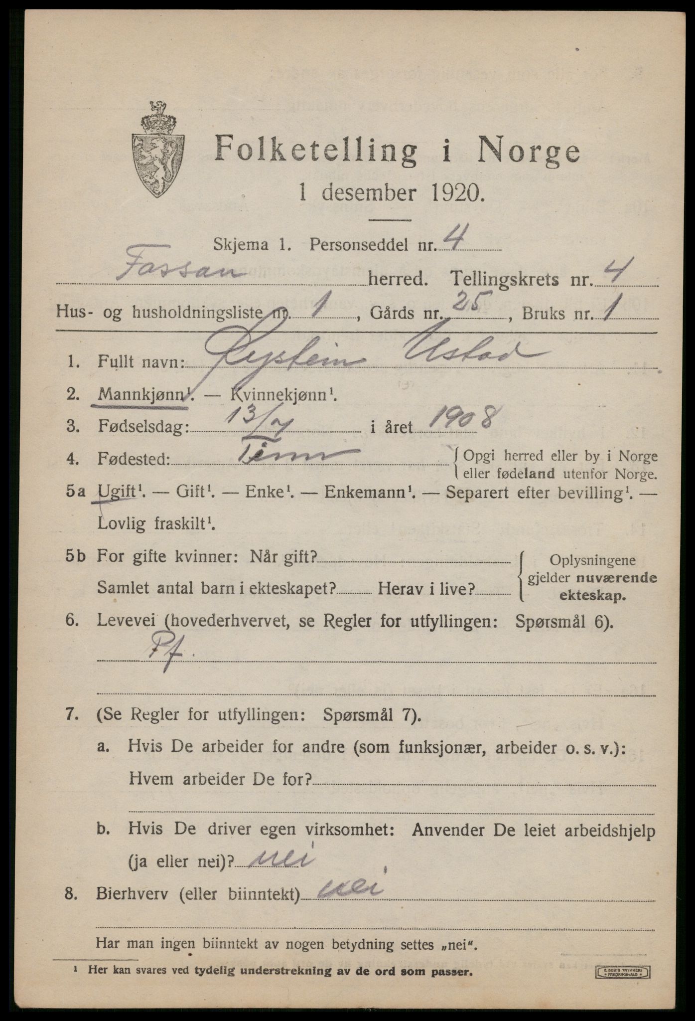 SAST, 1920 census for Forsand, 1920, p. 1623