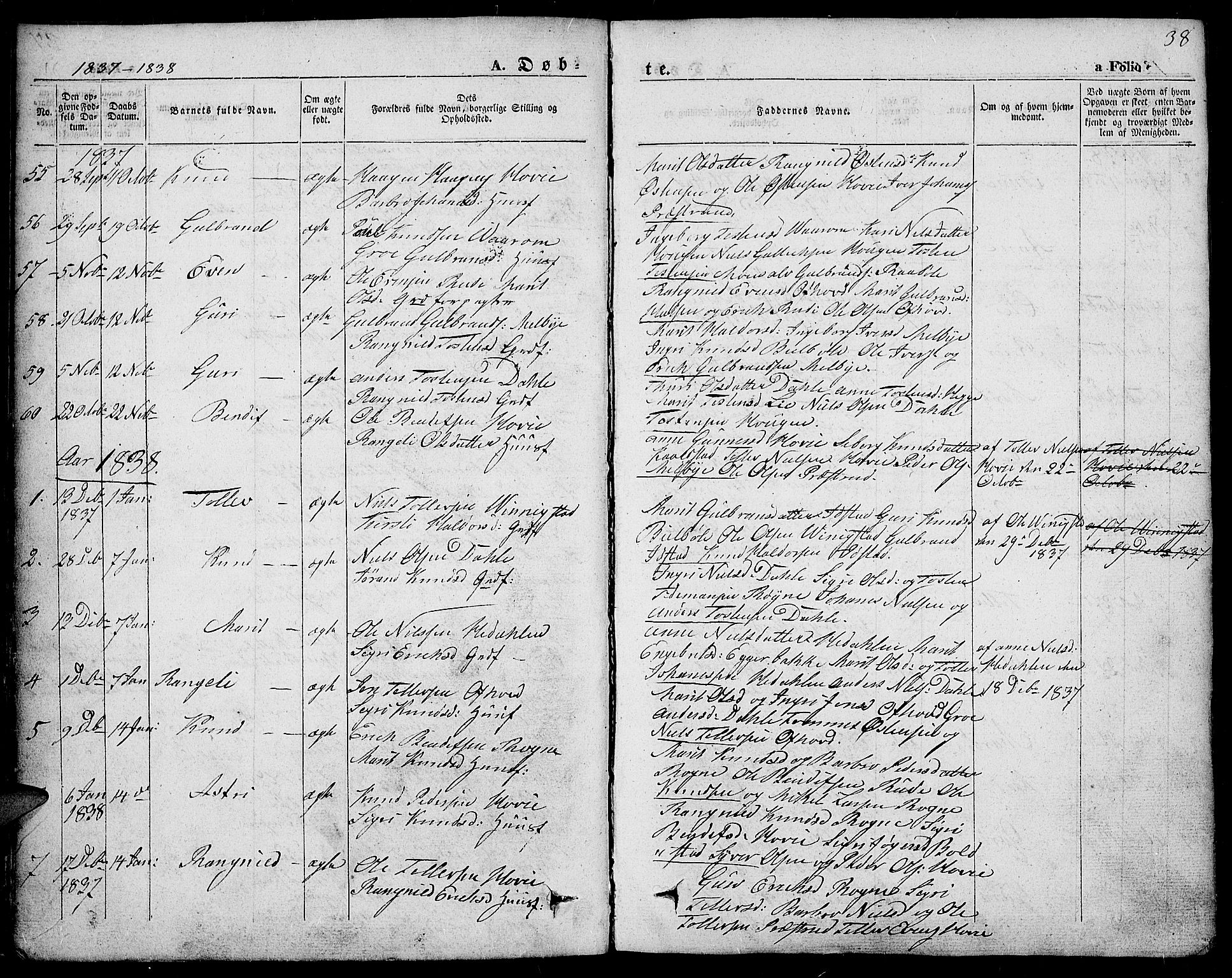 Slidre prestekontor, SAH/PREST-134/H/Ha/Haa/L0004: Parish register (official) no. 4, 1831-1848, p. 38