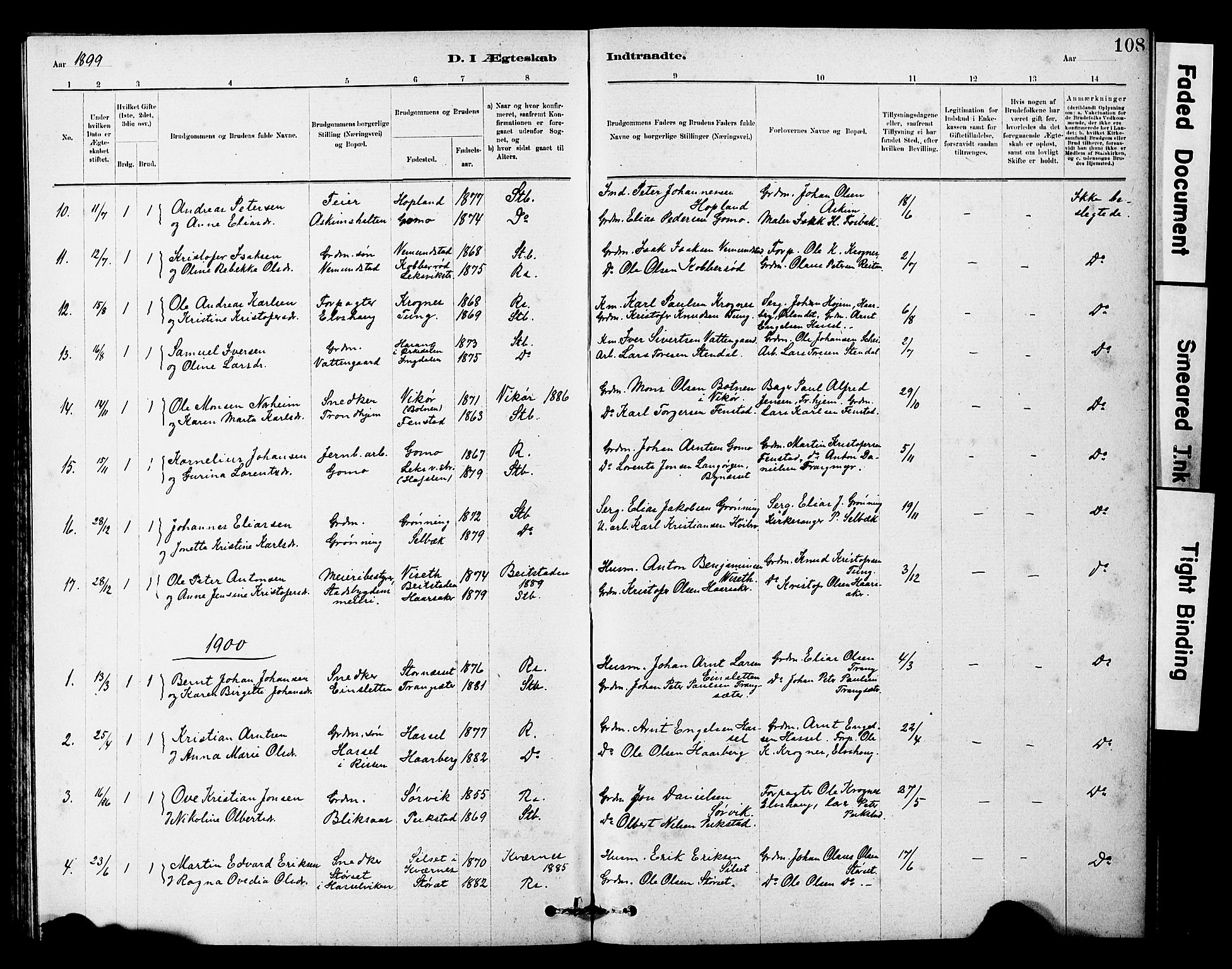 Ministerialprotokoller, klokkerbøker og fødselsregistre - Sør-Trøndelag, SAT/A-1456/646/L0628: Parish register (copy) no. 646C01, 1880-1903, p. 108