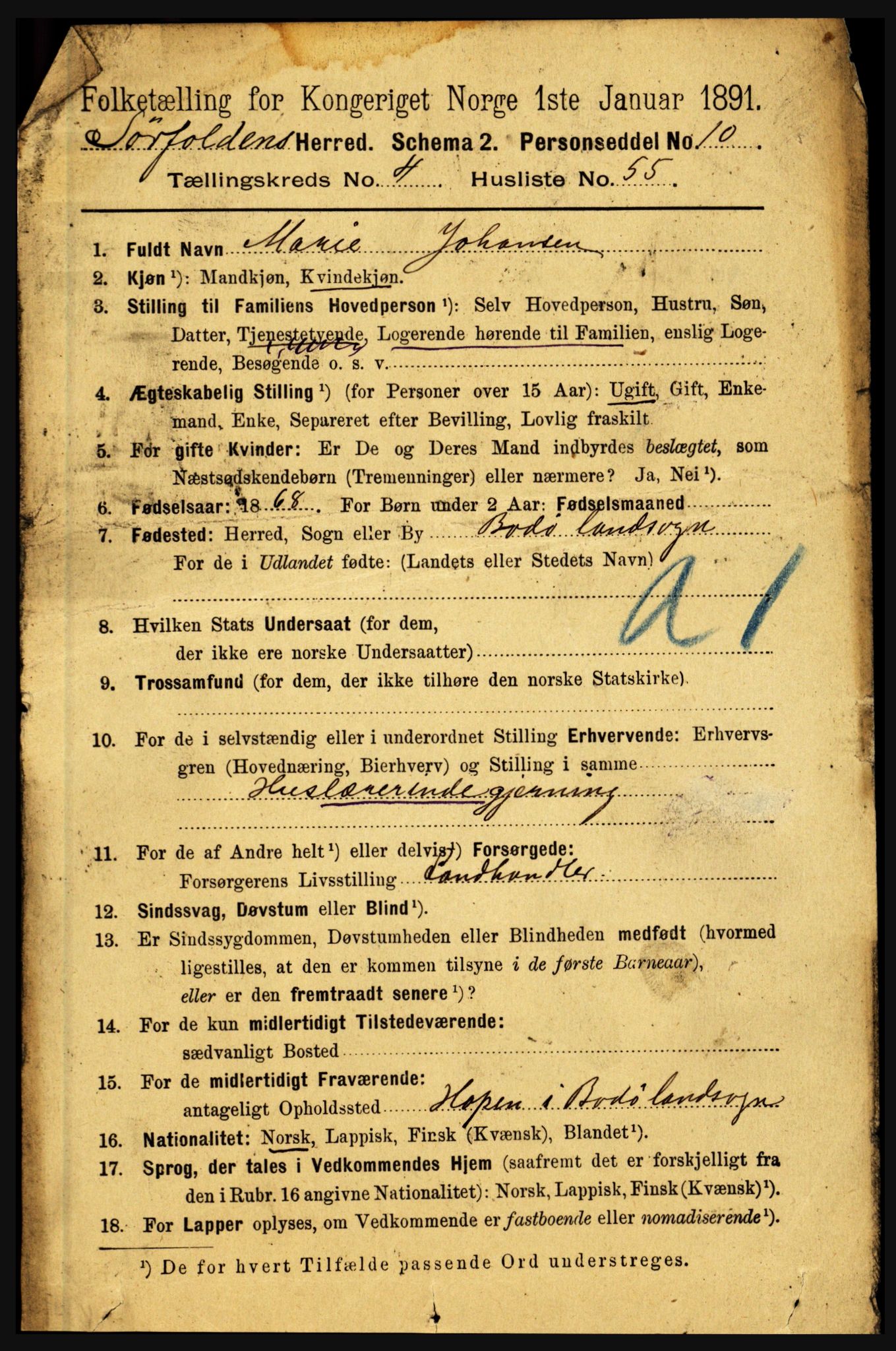 RA, 1891 census for 1845 Sørfold, 1891, p. 1295