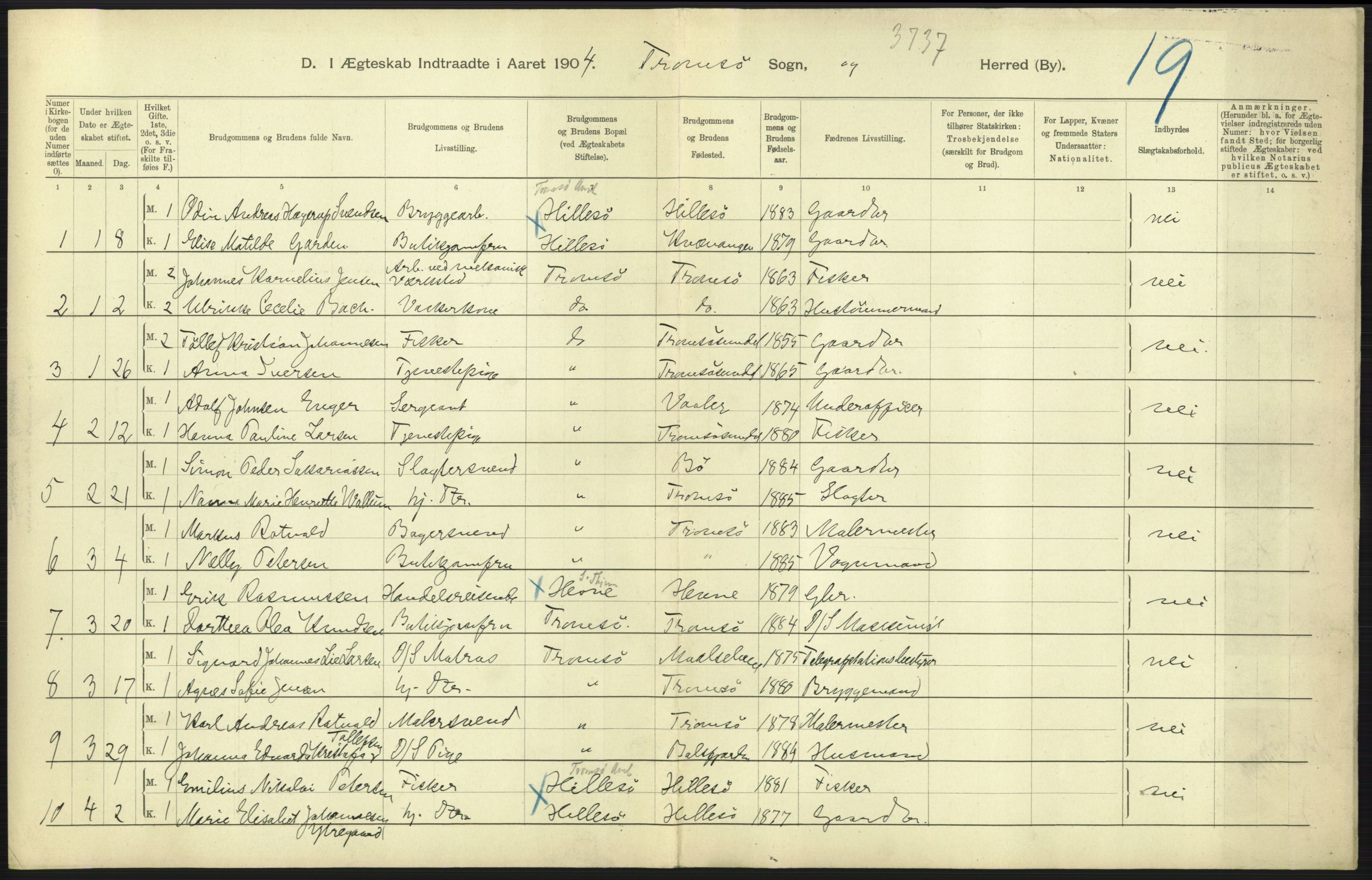 Statistisk sentralbyrå, Sosiodemografiske emner, Befolkning, RA/S-2228/D/Df/Dfa/Dfab/L0022: Tromsø amt: Fødte, gifte, døde, 1904, p. 383