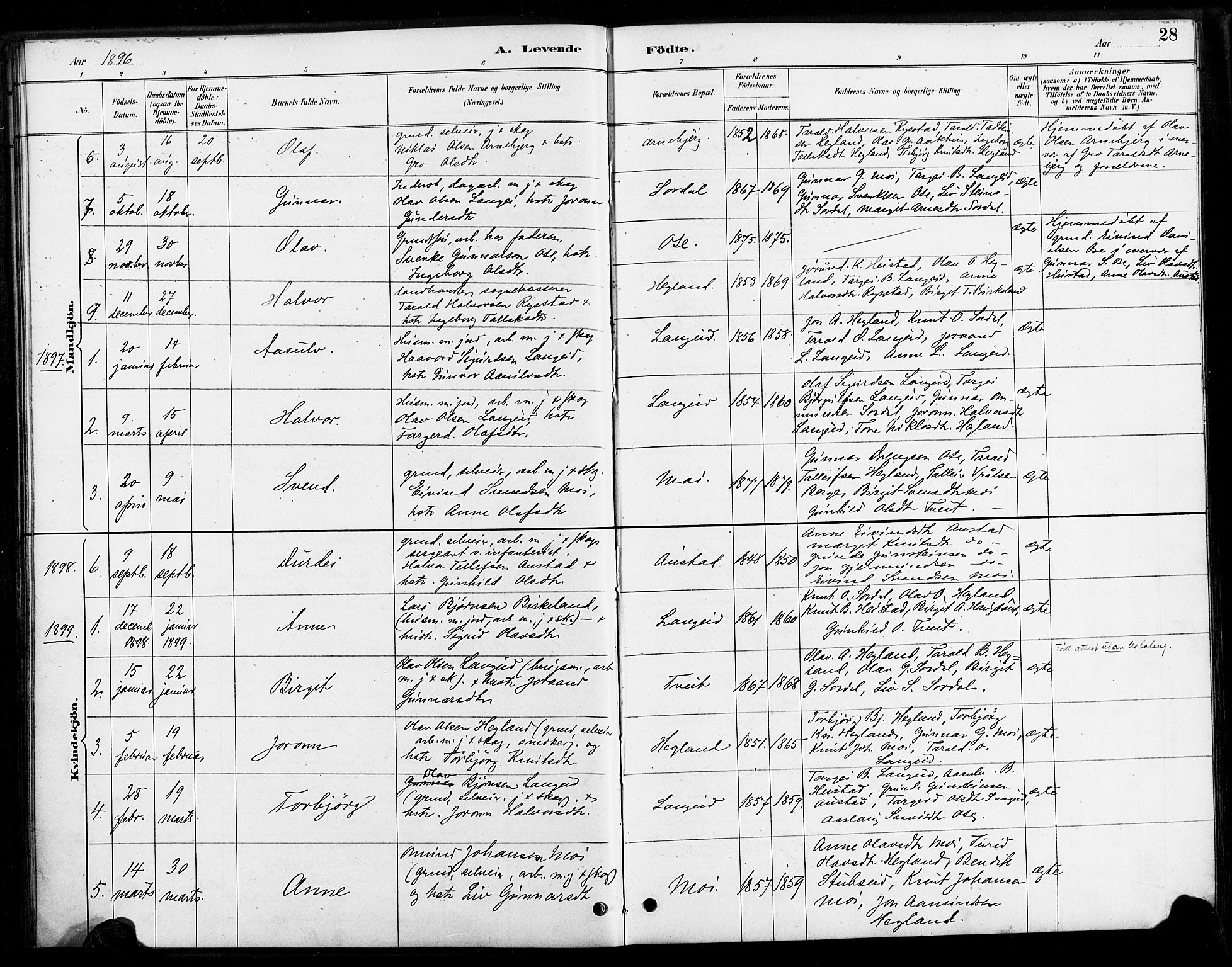 Bygland sokneprestkontor, SAK/1111-0006/F/Fa/Faa/L0001: Parish register (official) no. A 1, 1885-1908, p. 28
