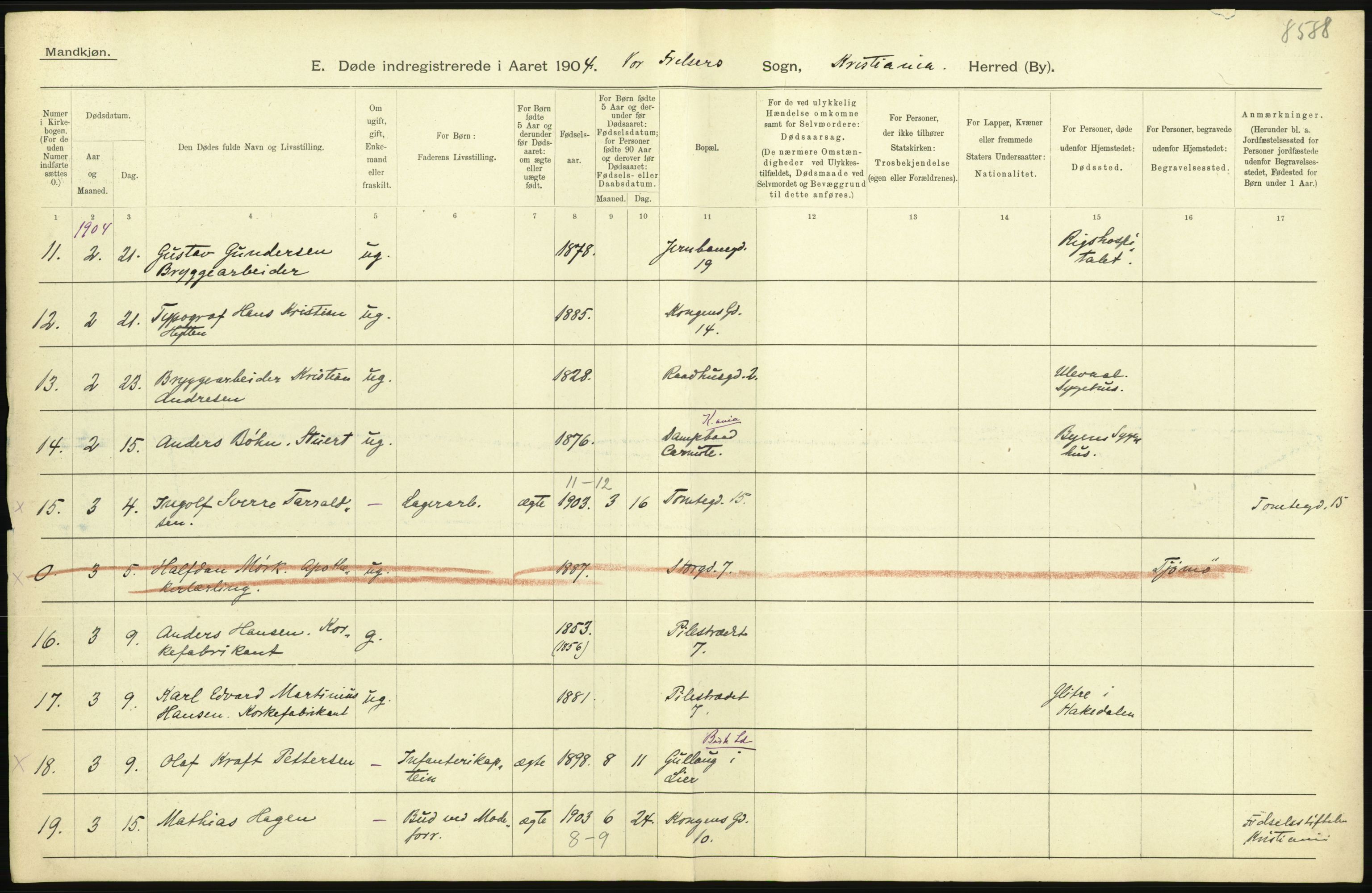 Statistisk sentralbyrå, Sosiodemografiske emner, Befolkning, AV/RA-S-2228/D/Df/Dfa/Dfab/L0004: Kristiania: Gifte, døde, 1904, p. 487