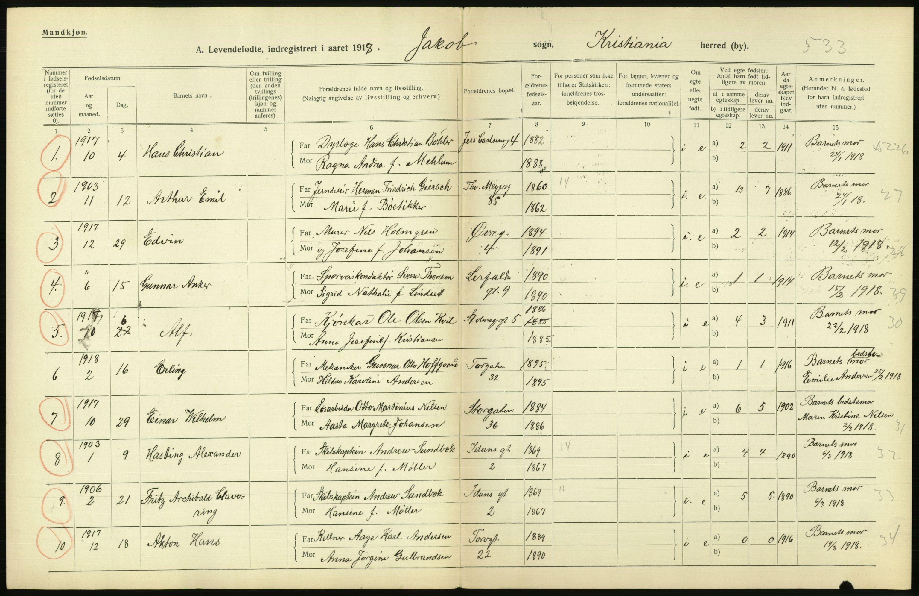 Statistisk sentralbyrå, Sosiodemografiske emner, Befolkning, AV/RA-S-2228/D/Df/Dfb/Dfbh/L0008: Kristiania: Levendefødte menn og kvinner., 1918, p. 702