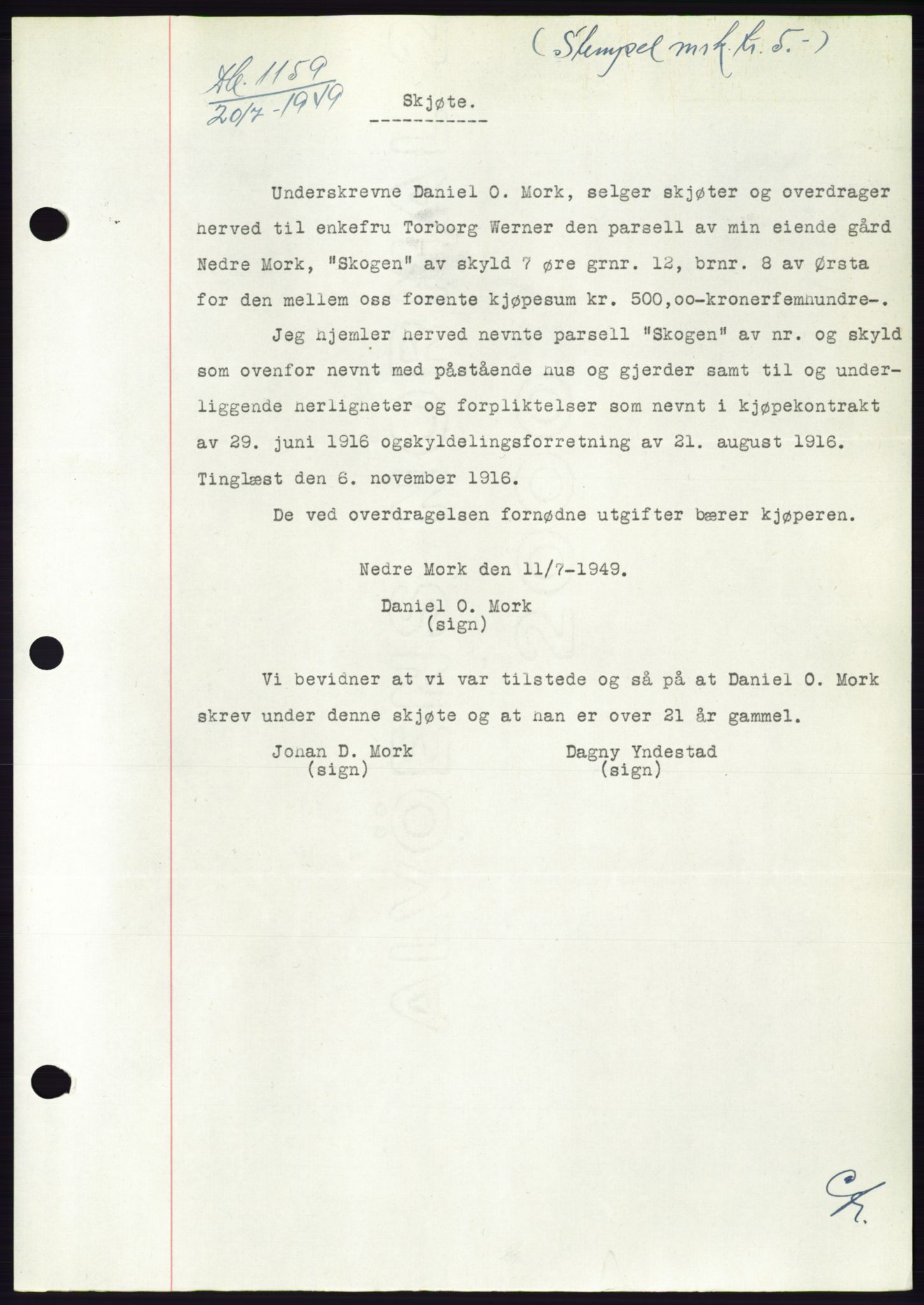 Søre Sunnmøre sorenskriveri, AV/SAT-A-4122/1/2/2C/L0084: Mortgage book no. 10A, 1949-1949, Diary no: : 1159/1949