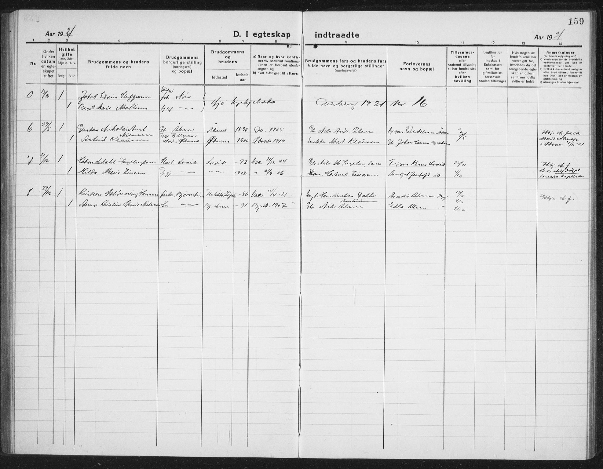 Ministerialprotokoller, klokkerbøker og fødselsregistre - Nordland, AV/SAT-A-1459/898/L1428: Parish register (copy) no. 898C03, 1918-1938, p. 159