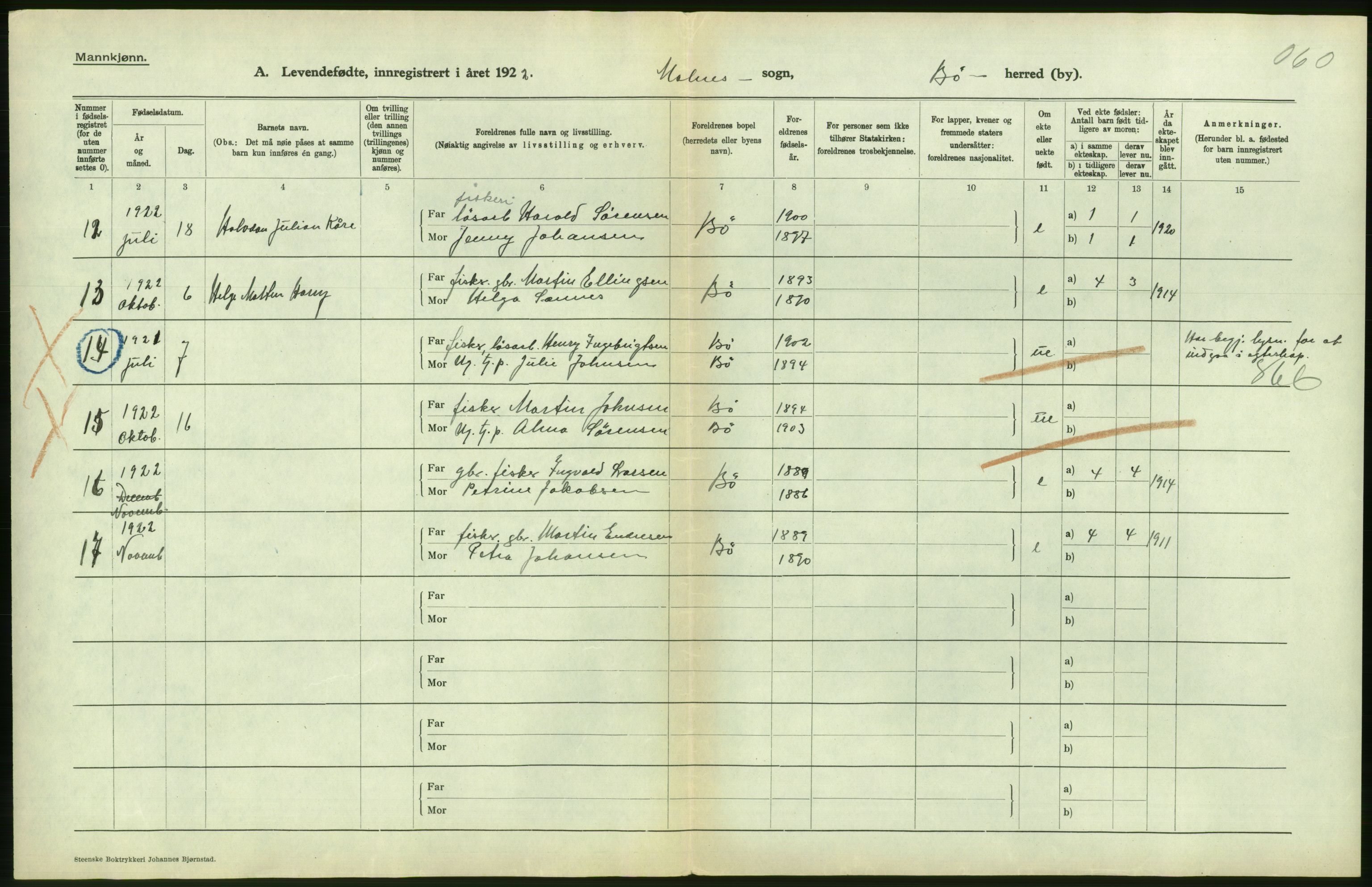 Statistisk sentralbyrå, Sosiodemografiske emner, Befolkning, AV/RA-S-2228/D/Df/Dfc/Dfcb/L0044: Nordland fylke: Levendefødte menn og kvinner. Bygder og byer., 1922, p. 390