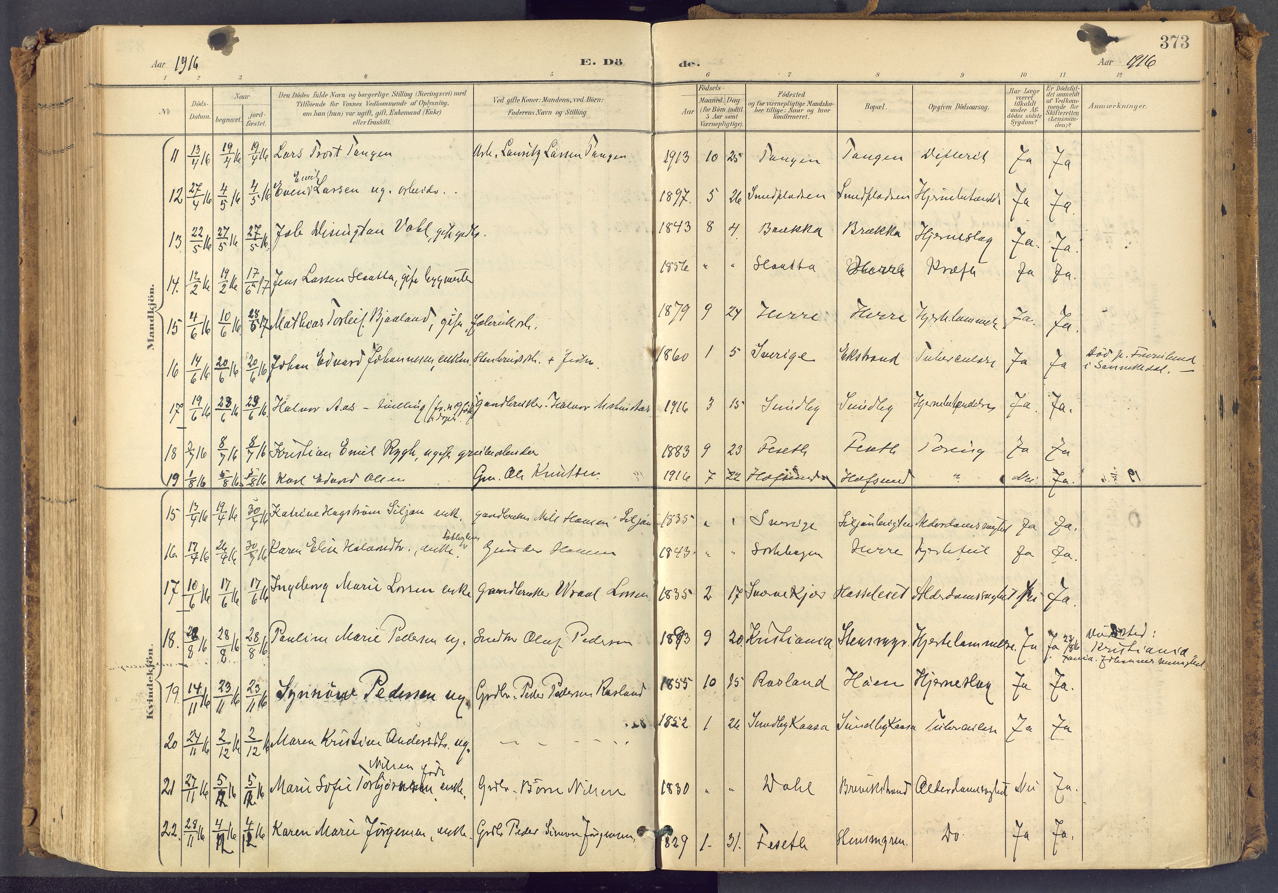 Bamble kirkebøker, SAKO/A-253/F/Fa/L0009: Parish register (official) no. I 9, 1901-1917, p. 373
