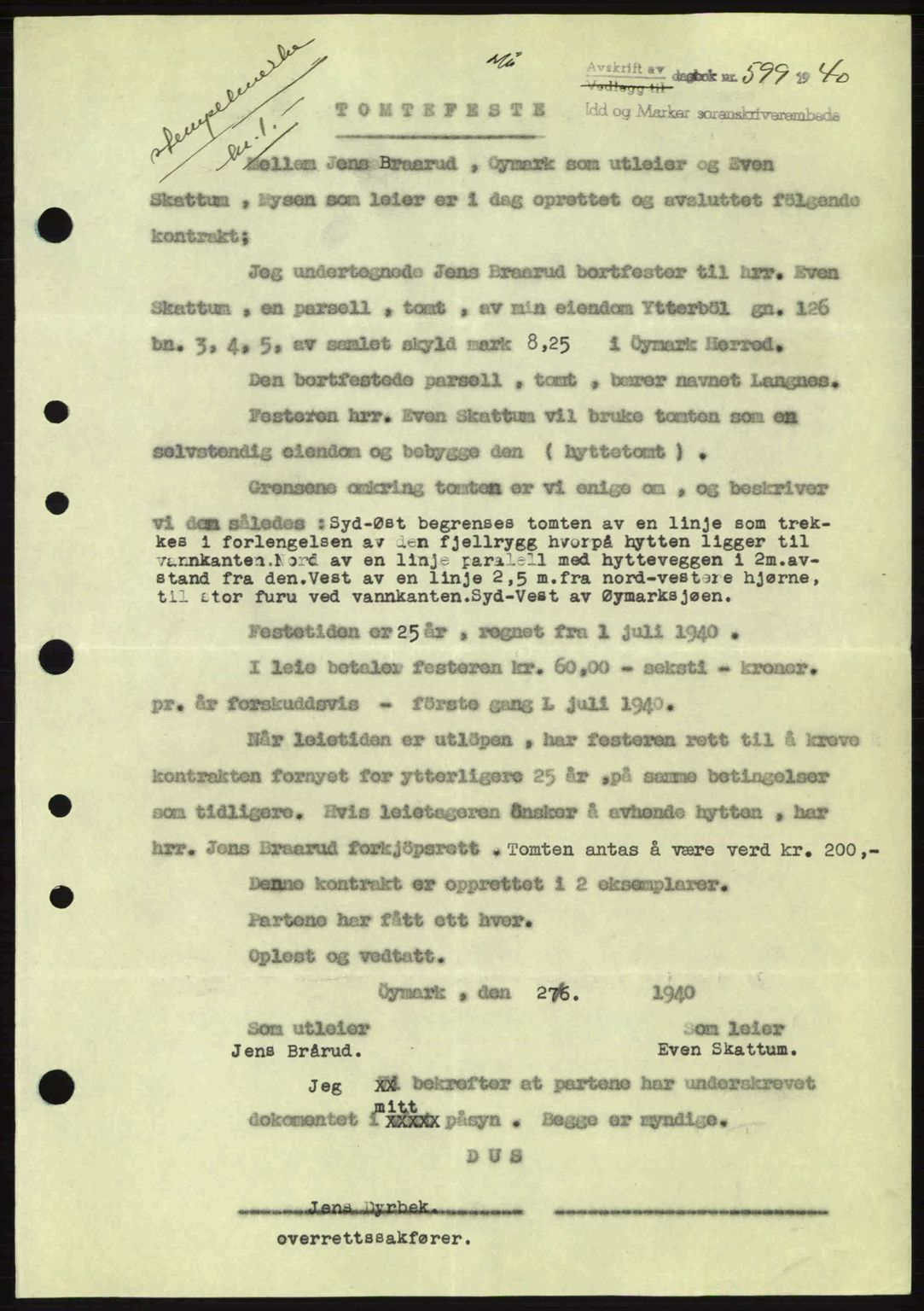 Idd og Marker sorenskriveri, AV/SAO-A-10283/G/Gb/Gbb/L0004: Mortgage book no. A4, 1940-1941, Diary no: : 599/1940