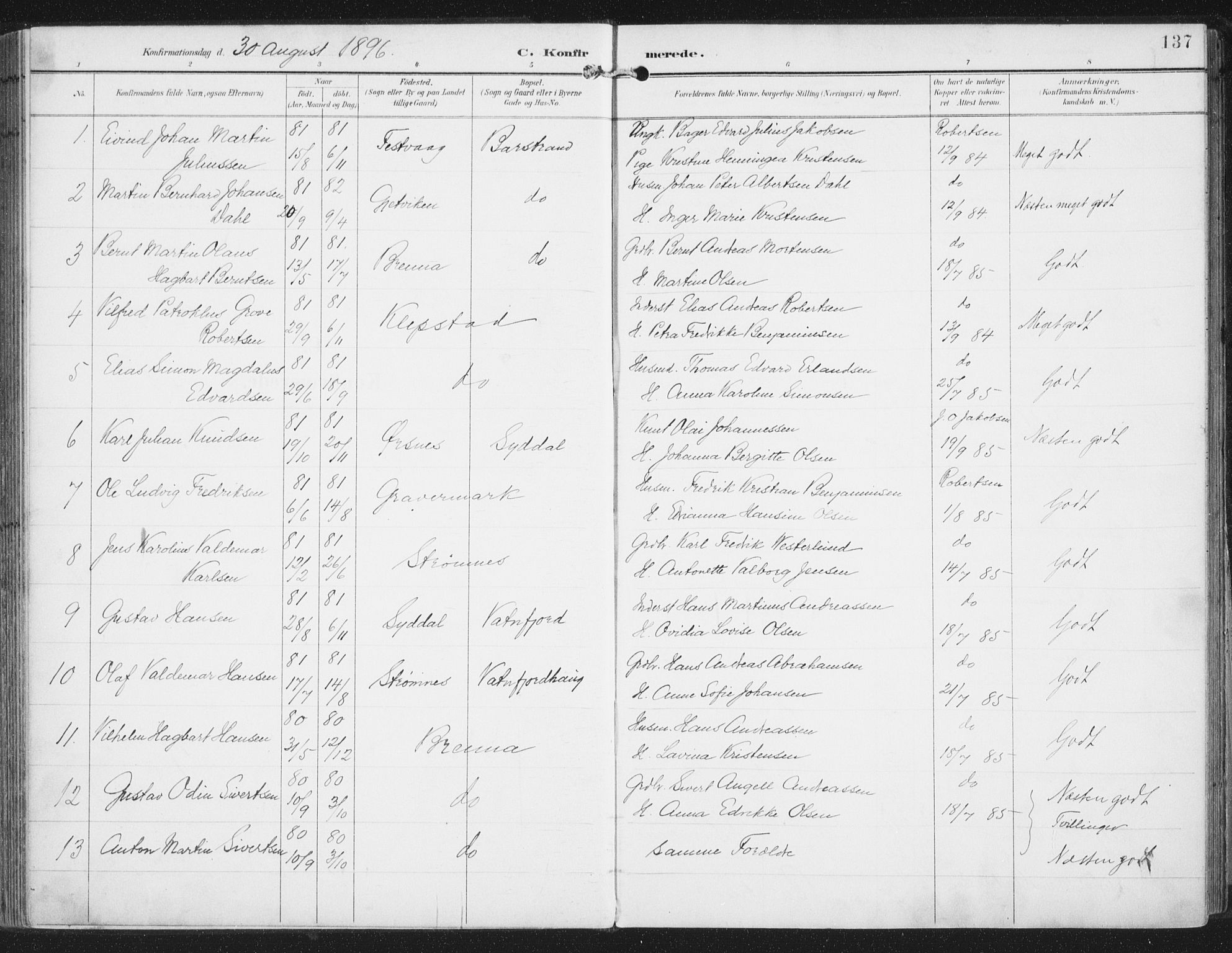 Ministerialprotokoller, klokkerbøker og fødselsregistre - Nordland, SAT/A-1459/876/L1098: Parish register (official) no. 876A04, 1896-1915, p. 137