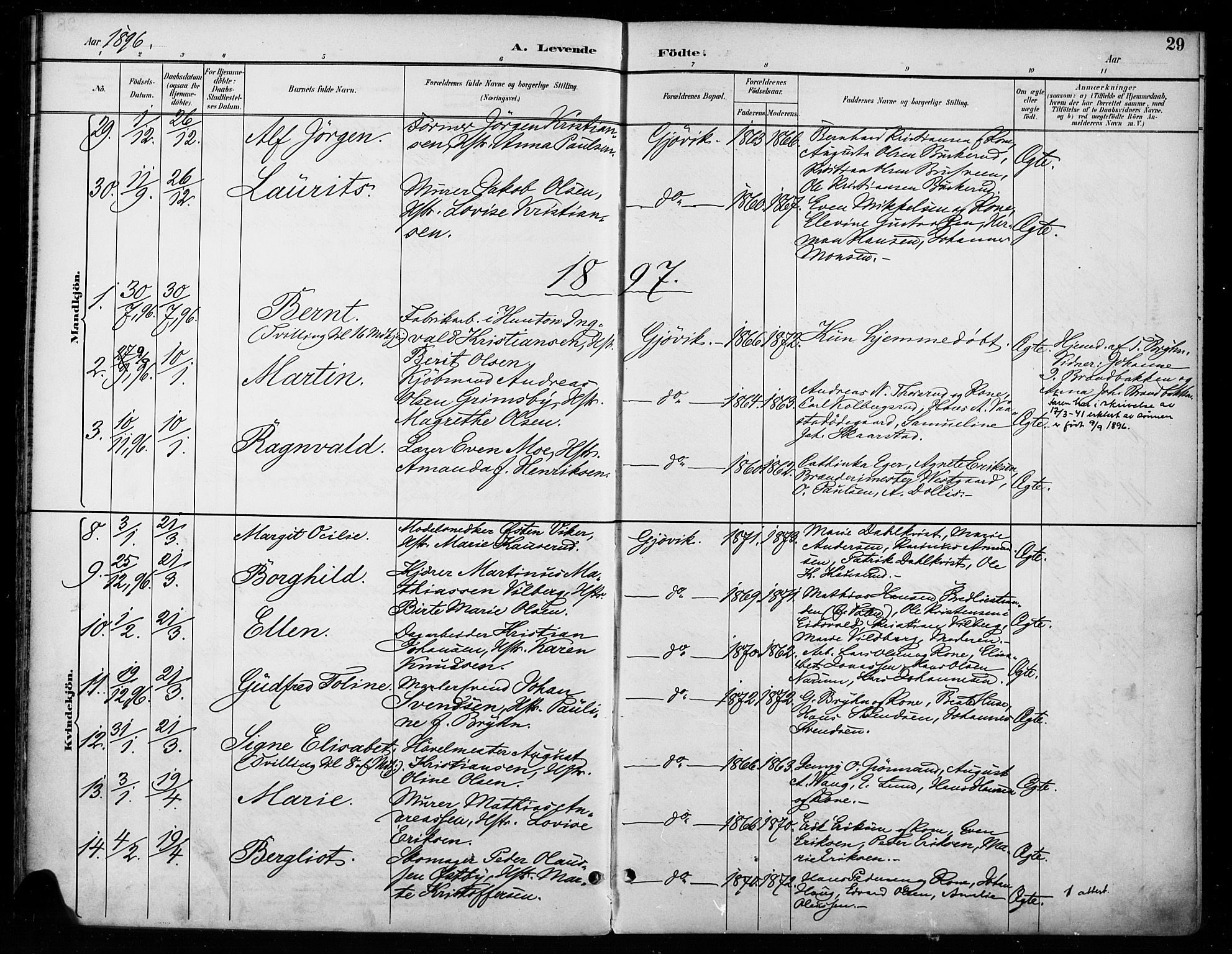 Vardal prestekontor, SAH/PREST-100/H/Ha/Haa/L0011: Parish register (official) no. 11, 1891-1901, p. 29