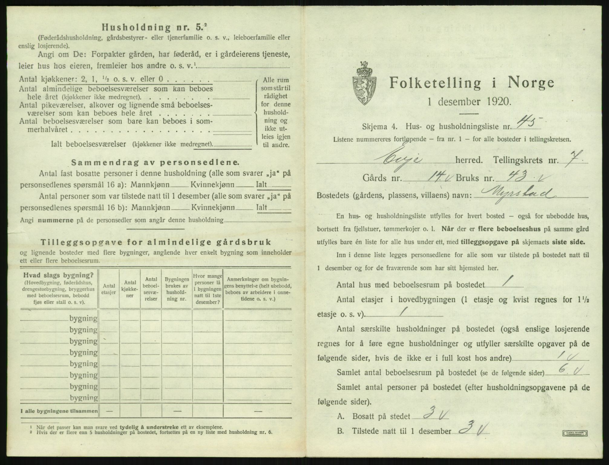 SAK, 1920 census for Evje, 1920, p. 430