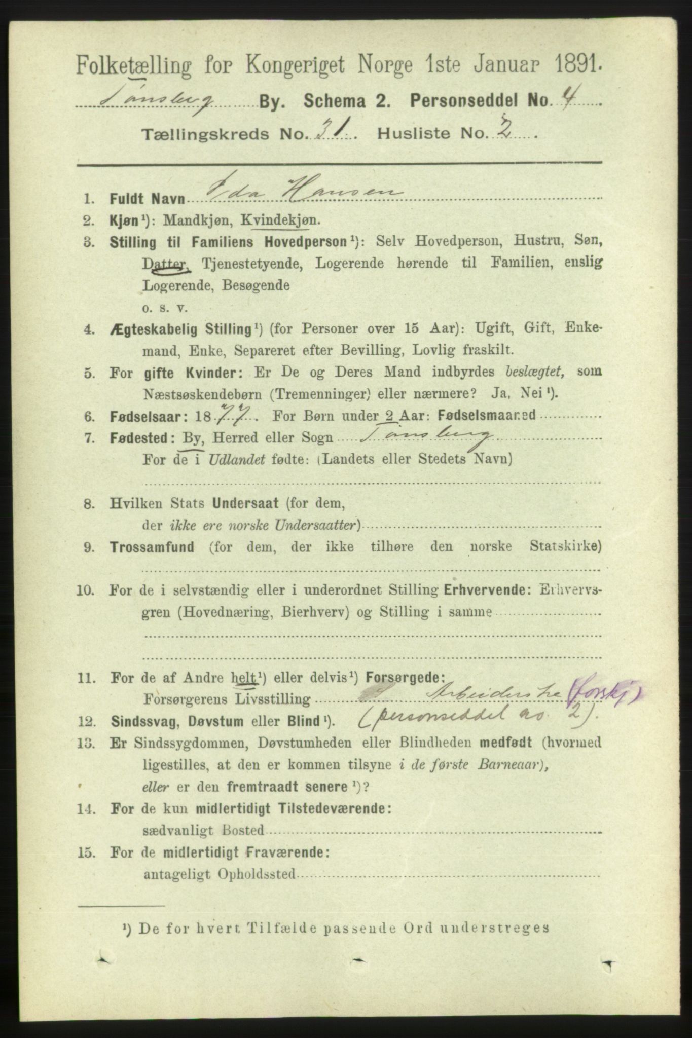 RA, 1891 census for 0705 Tønsberg, 1891, p. 7388