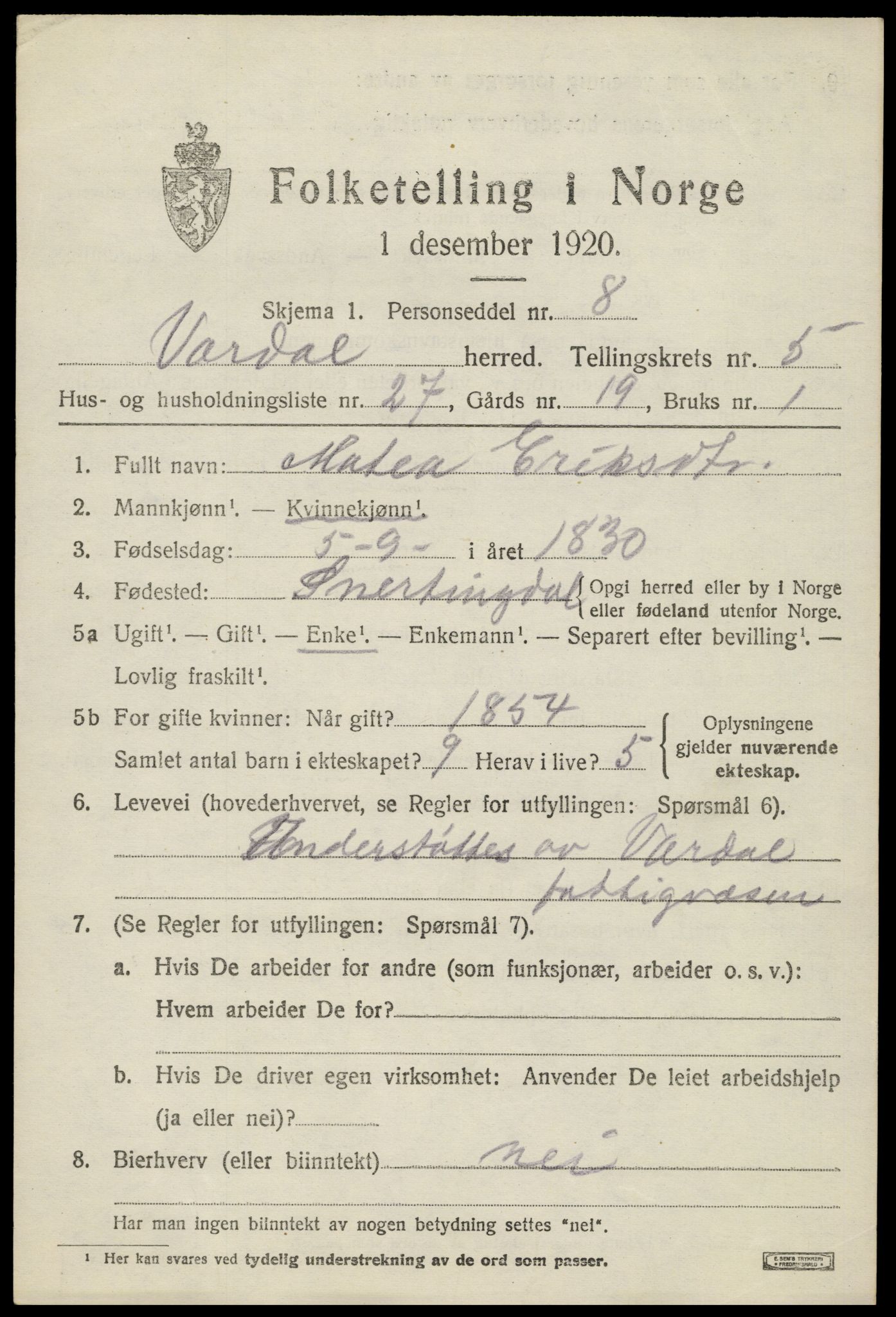 SAH, 1920 census for Vardal, 1920, p. 3387