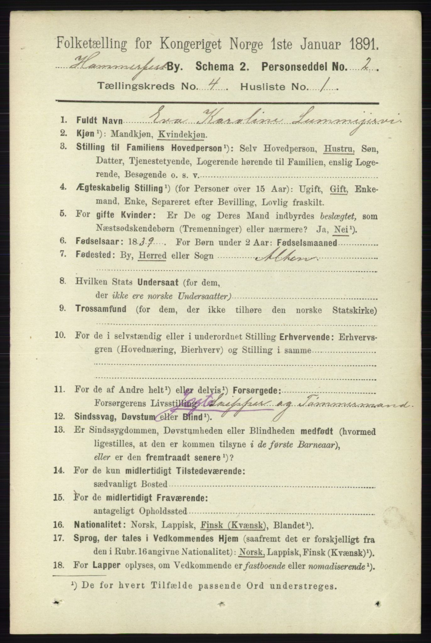 RA, 1891 census for 2001 Hammerfest, 1891, p. 907