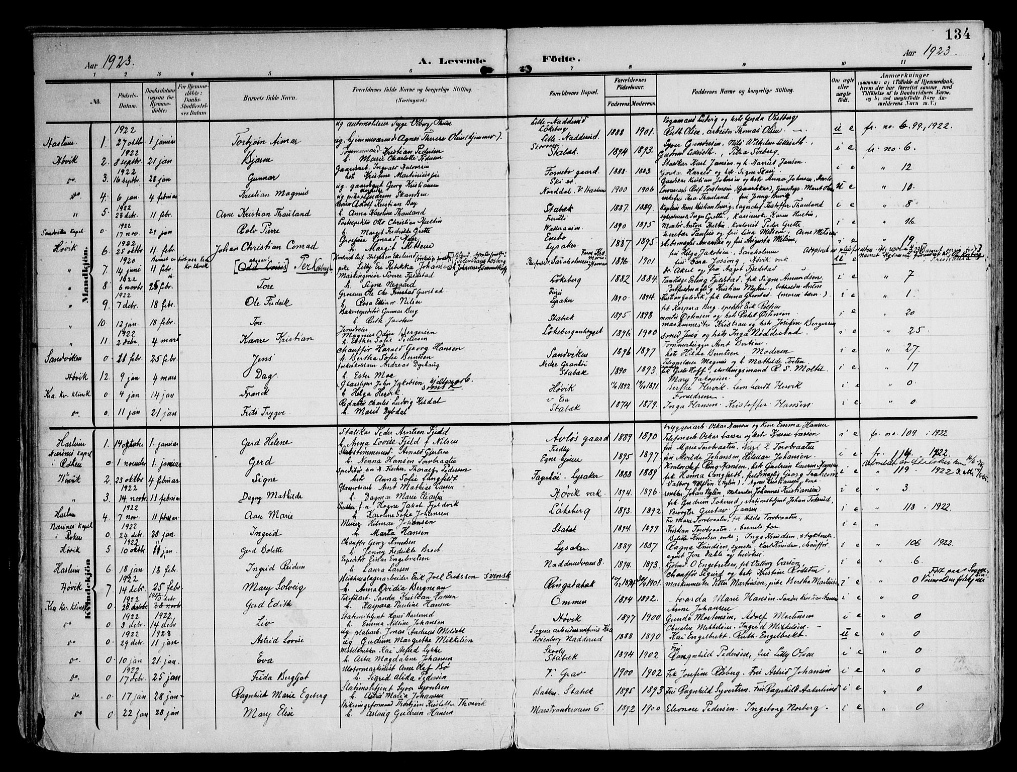 Østre Bærum prestekontor Kirkebøker, AV/SAO-A-10887/F/Fa/L0001: Parish register (official) no. 1, 1905-1924, p. 134