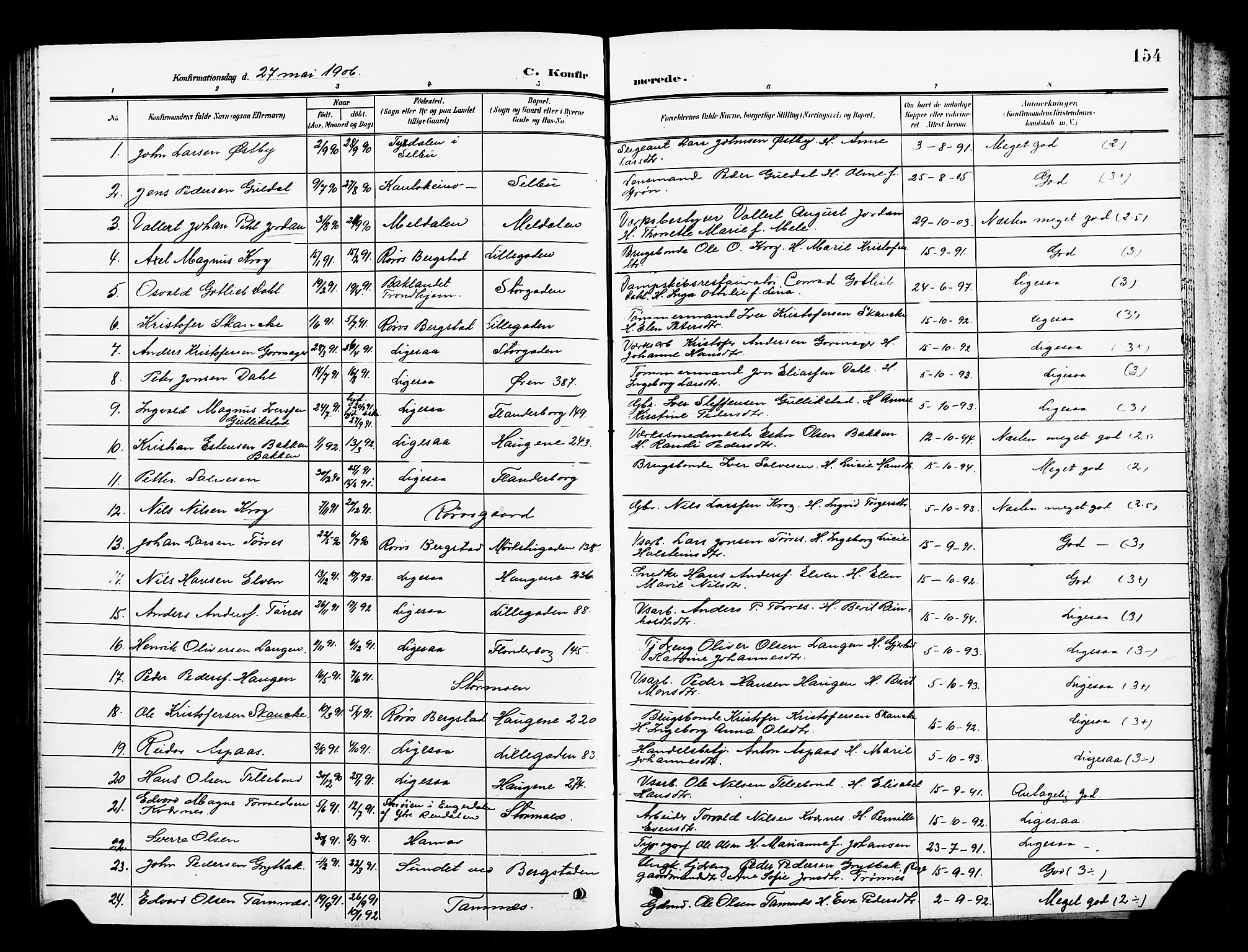 Ministerialprotokoller, klokkerbøker og fødselsregistre - Sør-Trøndelag, SAT/A-1456/681/L0942: Parish register (copy) no. 681C06, 1906-1925, p. 154