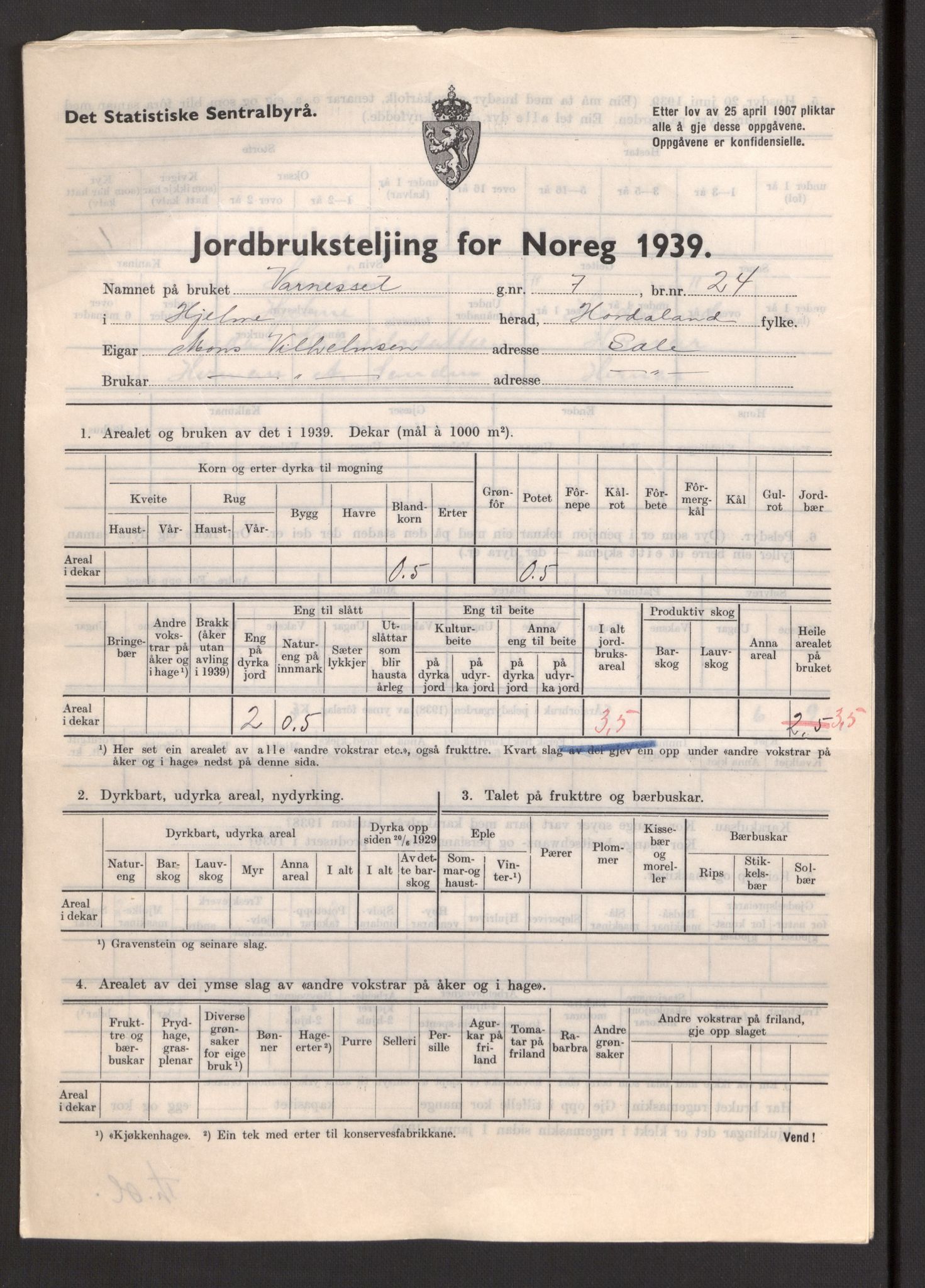 Statistisk sentralbyrå, Næringsøkonomiske emner, Jordbruk, skogbruk, jakt, fiske og fangst, AV/RA-S-2234/G/Gb/L0211: Hordaland: Herdla, Hjelme og Manger, 1939, p. 1169