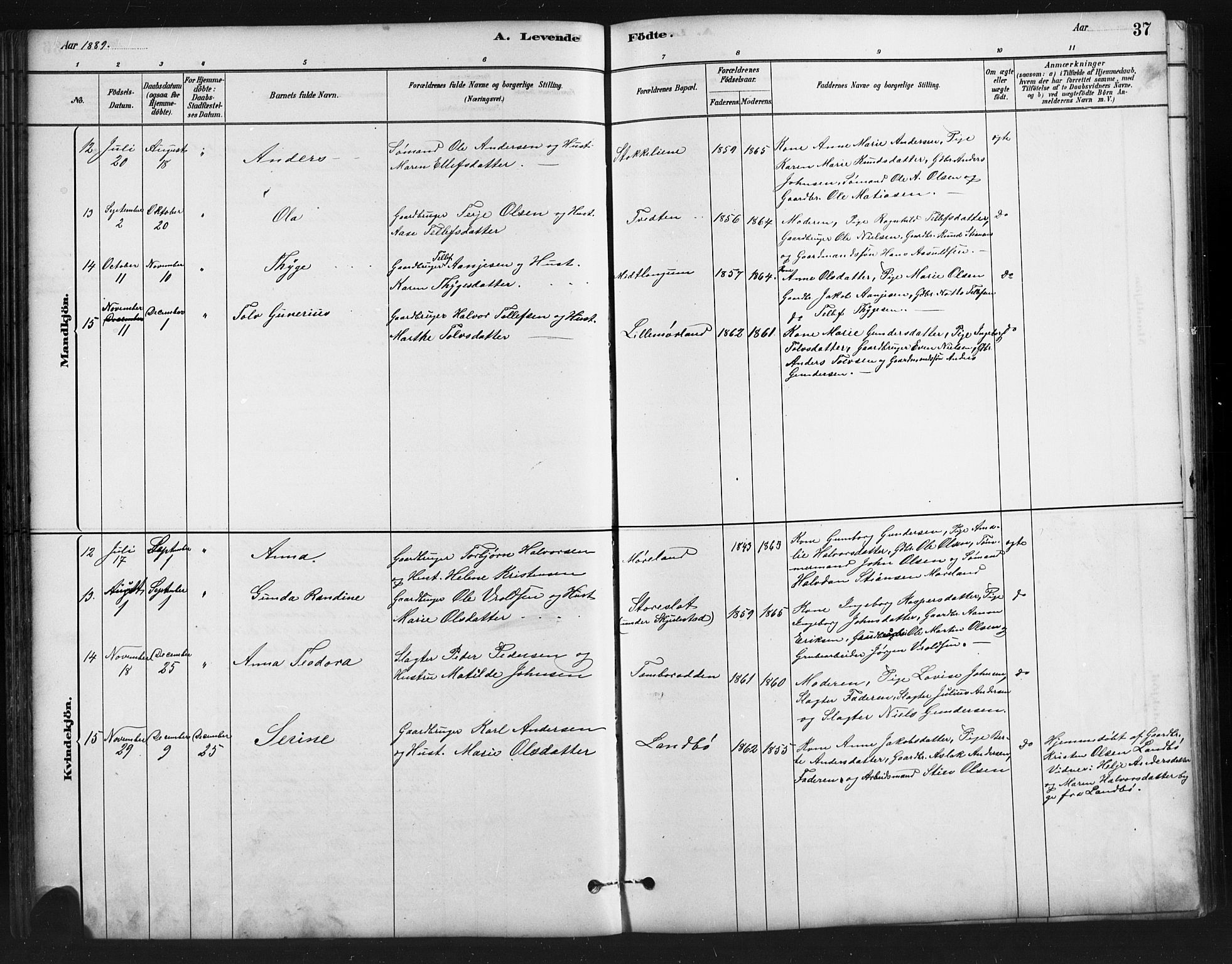 Austre Moland sokneprestkontor, AV/SAK-1111-0001/F/Fb/Fba/L0003: Parish register (copy) no. B 3, 1879-1914, p. 37